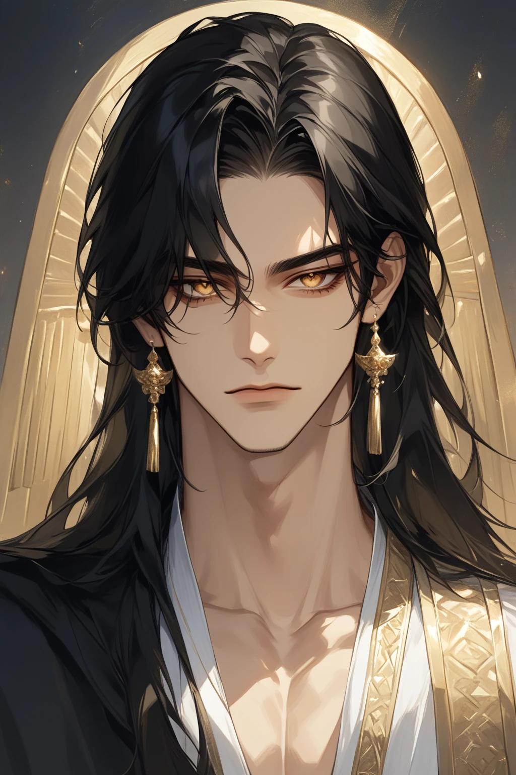 (score_9, score_8_up), long hair, masterpiece, best quality, 1 man , black hair , perfect face , gold eye ,  open clothes , handsome male , Alone, adult male , delicate line drawingimpasto, masterpiece, high resolution, Top quality, unique , 1 male , nice , tanned skin , black haired, a egypt sultan