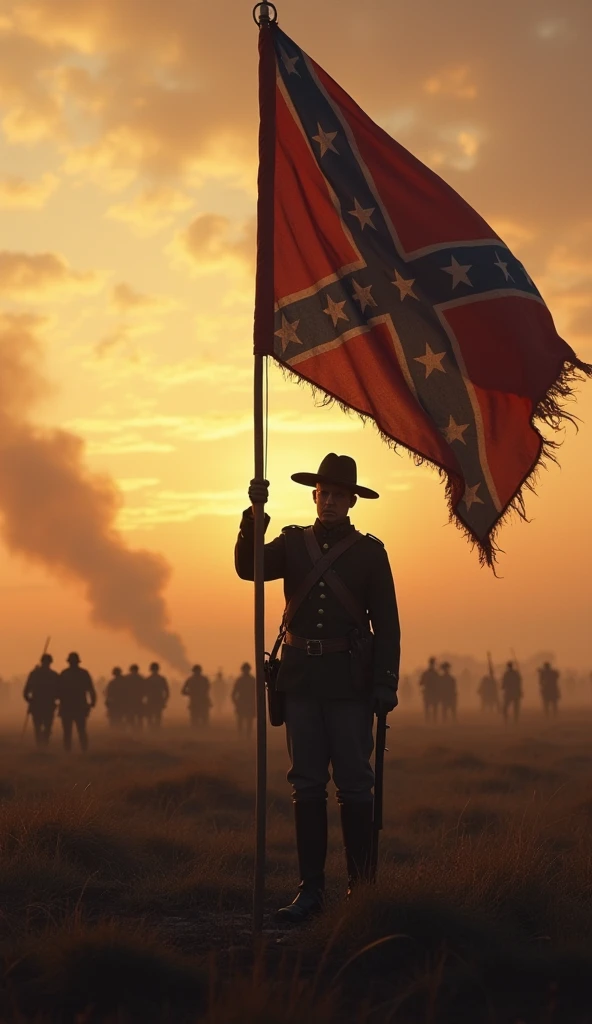 A solemn Confederate soldier lowering a tattered flag at sunset, symbolizing the impending end of the war. In the background, smoke clears from a battlefield, and Union forces march forward triumphantly, realistic and historical style.