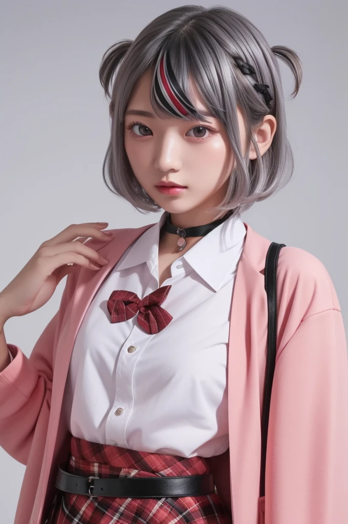 masterpiece、 top quality 、 Exquisite Details  、 1 girl、should、 Two Side Up、 Silver Hair、Black striped hair、 collared shirt 、 pink jacket 、 red skirt 、 Red Bow Tie 、