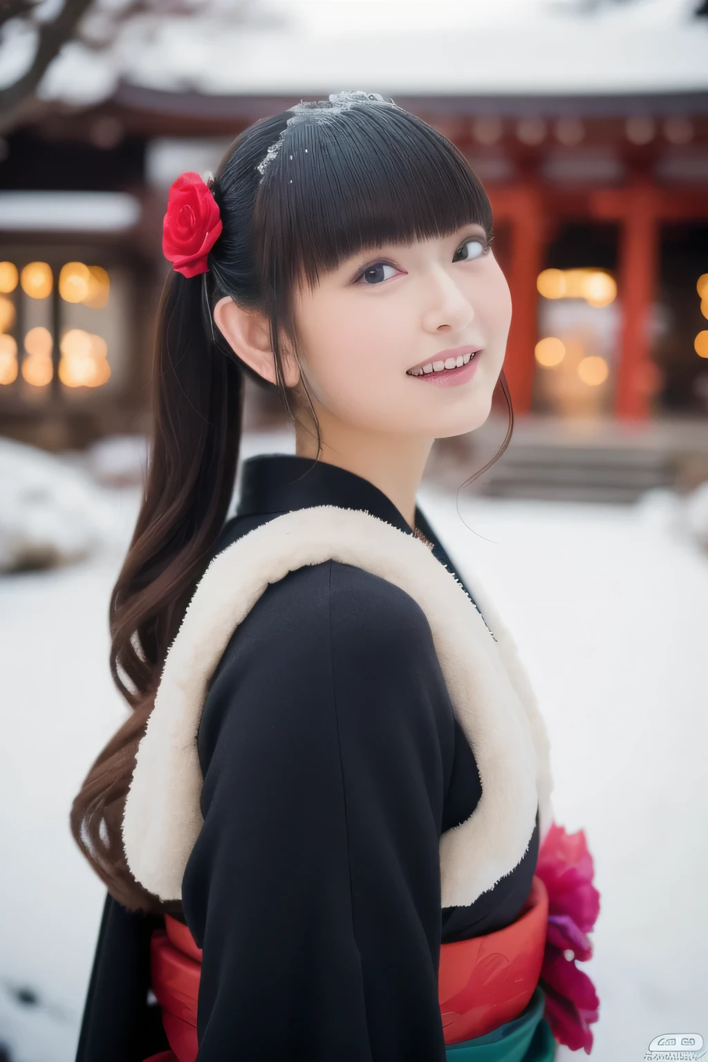 A breathtakingly beautiful 20-year-old woman with a slender physique, dressed in an elegant and luxurious black and red kimono suitable for the Japanese New Year. The background showcases a serene sunrise on New Year's Day, with a traditional Japanese shrine, snow-covered grounds, and vibrant red camellias in full bloom. The scene captures a harmonious blend of traditional beauty and the peaceful atmosphere of a snowy New Year's morning. smiles gently, FRIENDLY. smiles gently, ( RAW photos , top quality ), ( realistic, photo- realistic:1.4), masterpiece, extremely delicate and beautiful, extremely detailed, 2k wallpaper, amazing on the beach, detailed depiction , extremely detailed CG unity 8k wallpaper, Ultra Details, high res, Soft light, beautiful detailed girl looking back, extremely detailed eyes and face, beautiful detailed nose, beautiful detailed eyes, cinematic lighting, Perfect Anatomy, slender body.