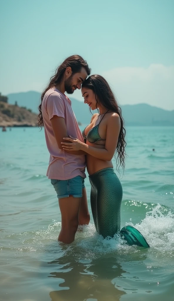 A human man hugging a mermaid from behind。The man and the mermaid are at the beach。The man is dressed both top and bottom.。
