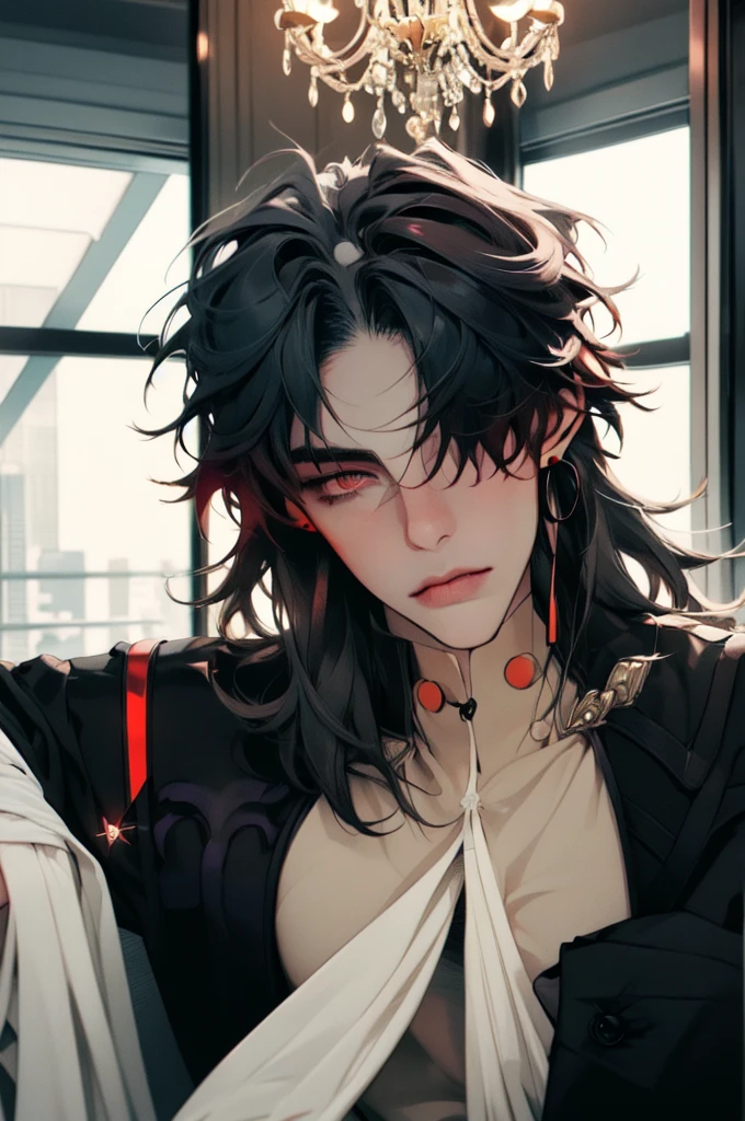 masterpiece, best quality, 1boy, male focus, blade \(honkai: star rail\), red eyes, bangs, hair bangs covered one eyes, earrings, business suit, necktie, black suit, upper body, looking at viewer, indoors, mansion, chandelier, windows, professional illustration, hires, 