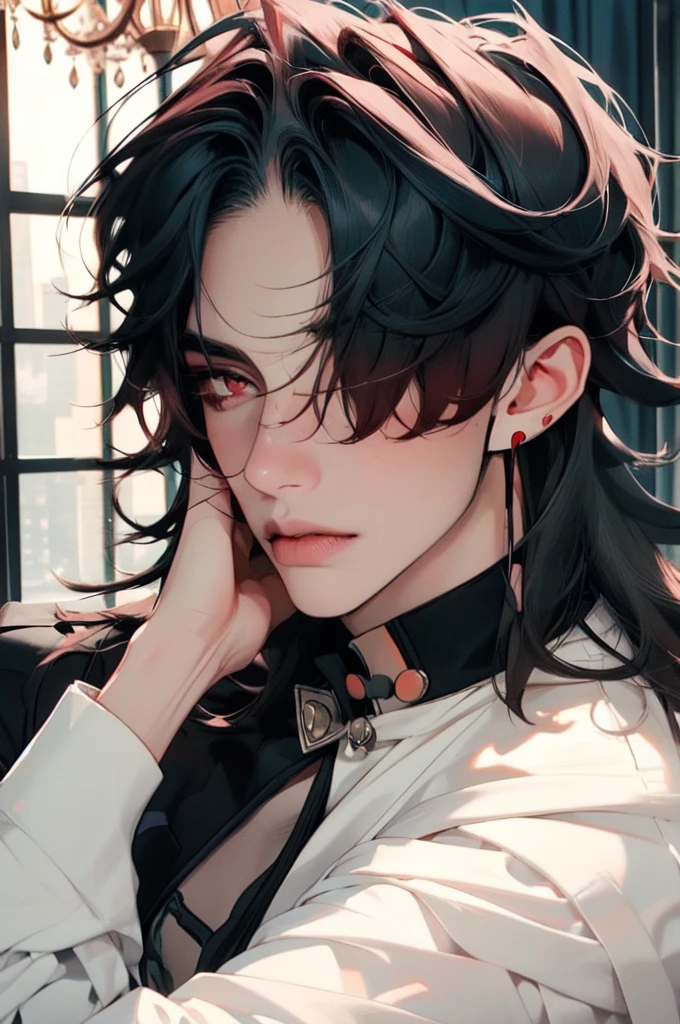 masterpiece, best quality, 1boy, male focus, blade \(honkai: star rail\), red eyes, bangs, hair bangs covered one eyes, earrings, business suit, necktie, black suit, upper body, looking at viewer, indoors, mansion, chandelier, windows, professional illustration, hires, 