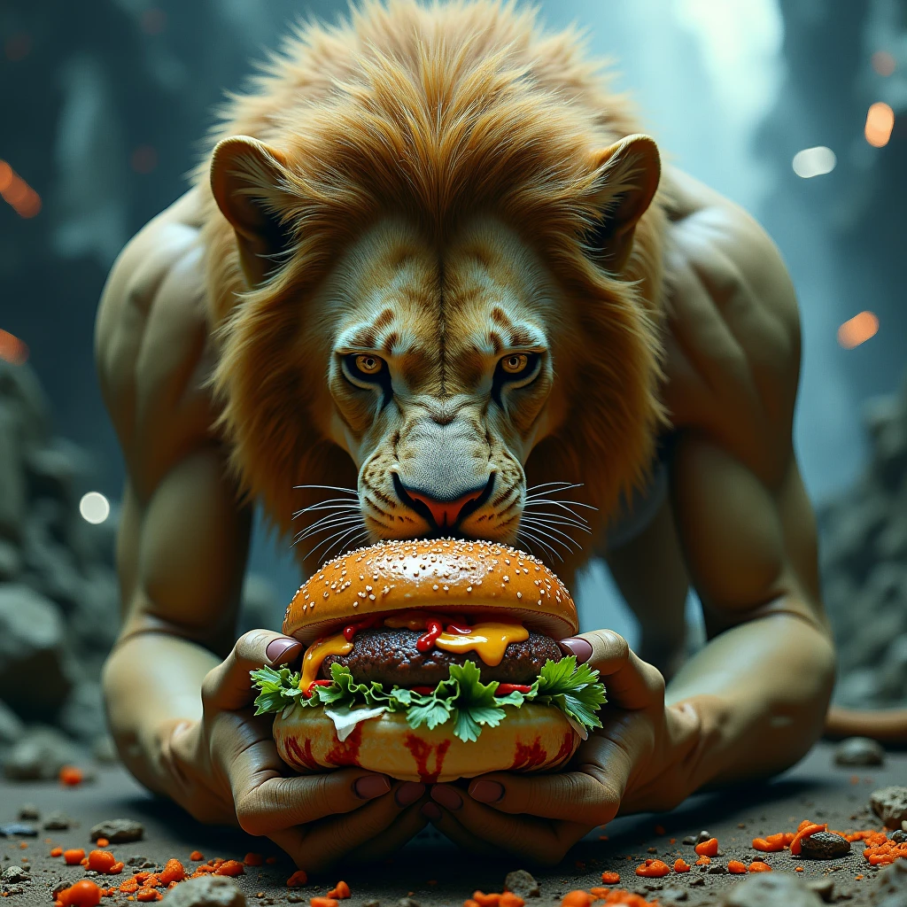 a photo of a full-bodied adult ,  seen from below with the face of a ferocious anthropomorphobic lion with a giant mane eating a hamburger with its skin peeled and with a futuristic background