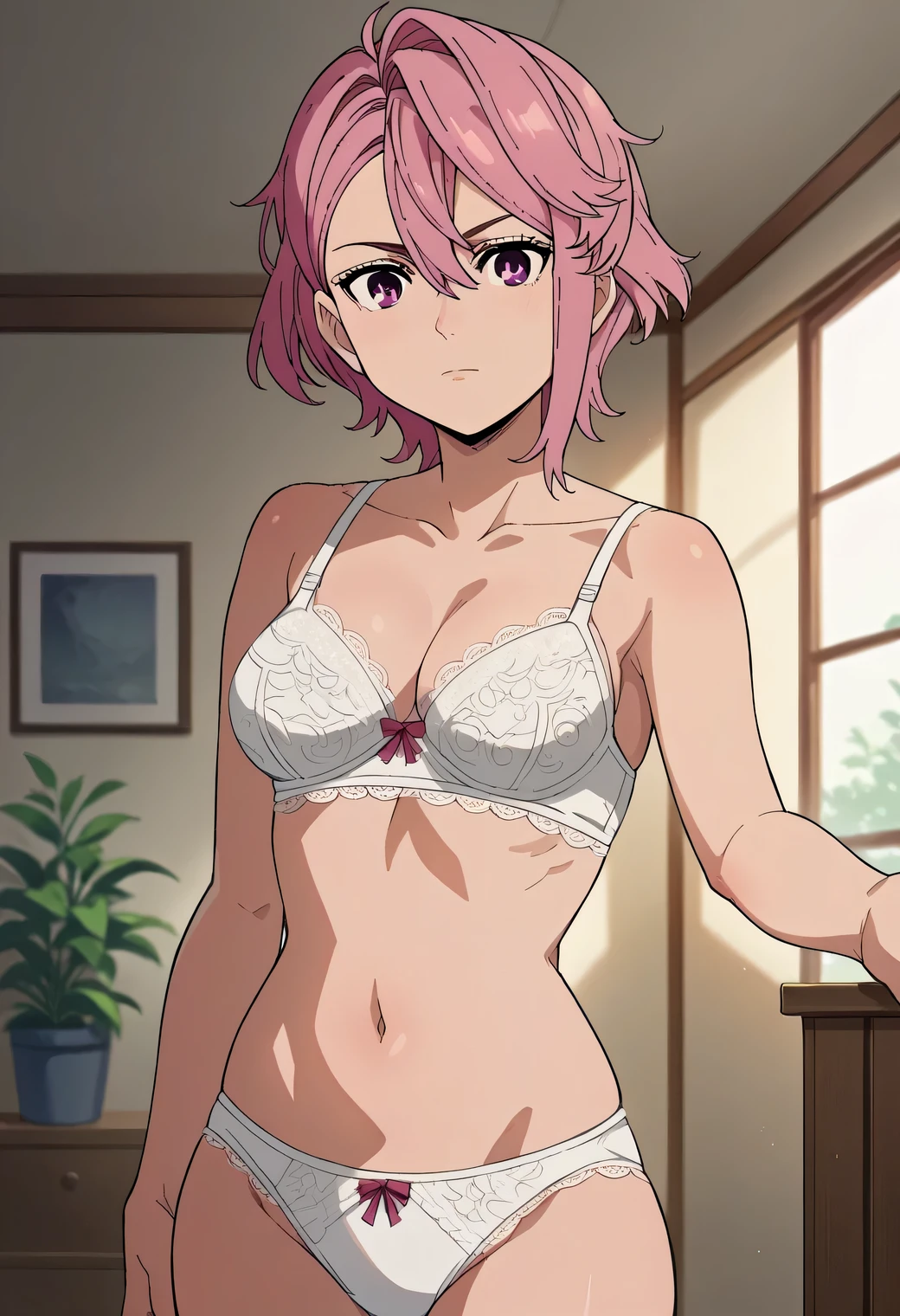 score_9, score_8_up, score_7_up, source_anime, aira shiratori, short hair, bangs, hair between eyes, pink hair, pink eyes, medium breasts, white lace bra, white lace panties, medium breasts:1.3, looking at viewer, standing, living room