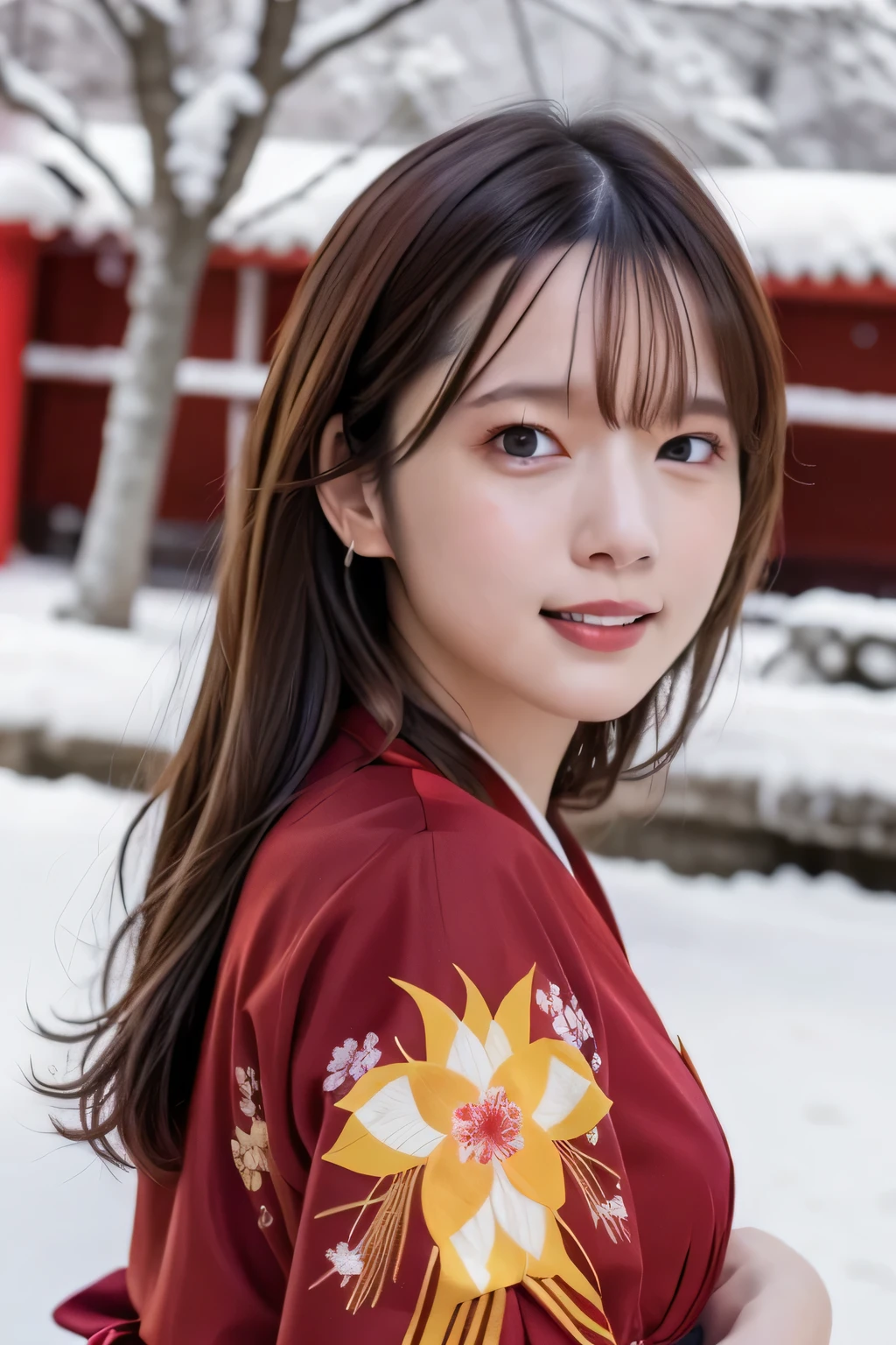 A breathtakingly beautiful 20-year-old woman with a slender physique, dressed in an elegant and luxurious black and red kimono suitable for the Japanese New Year. The background showcases a serene sunrise on New Year's Day, with a traditional Japanese shrine, snow-covered grounds, and vibrant red camellias in full bloom. The scene captures a harmonious blend of traditional beauty and the peaceful atmosphere of a snowy New Year's morning. smiles gently, FRIENDLY. smiles gently, ( RAW photos , top quality ), ( realistic, photo- realistic:1.4), masterpiece, extremely delicate and beautiful, extremely detailed, 2k wallpaper, amazing on the beach, detailed depiction , extremely detailed CG unity 8k wallpaper, Ultra Details, high res, Soft light, beautiful detailed girl looking back, extremely detailed eyes and face, beautiful detailed nose, beautiful detailed eyes, cinematic lighting, Perfect Anatomy, slender body.
 