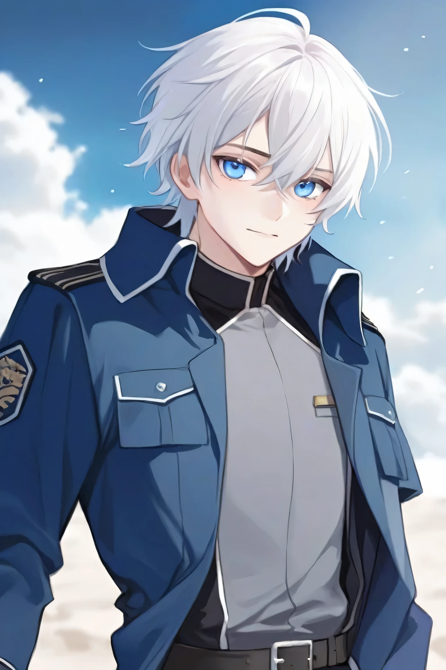 Male. Alone. Nine. White hair. Blue eyes. Blue military coat. Black and grey clothes. Brown belt.