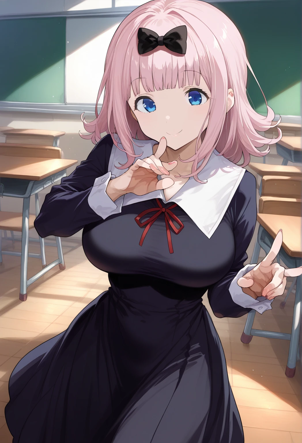 score_9, score_6_  up,   Source_Anime,   One Girl  , Alone, classroom, Chika,   blue eyes,   pink hair, hair bow,     black bow    ,   black dress,    WHITE SAILOR COLOR,     neck ribbon  ,   red ribbon  ,   Long Sleeve  ,   white shirt, smile,    opening mouse ,open your eyes and smile、Big Breasts 、 from before、、Boob Tent、piece