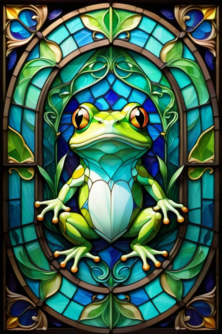 3d stained glass window,  stained glass window frame  . dungeons and dragons art.  symmetrical design ,  Cute Frog . is。.Blue and green、  Pastel Color Scheme 、Stained glass style in the center of the Art Nouveau arch　