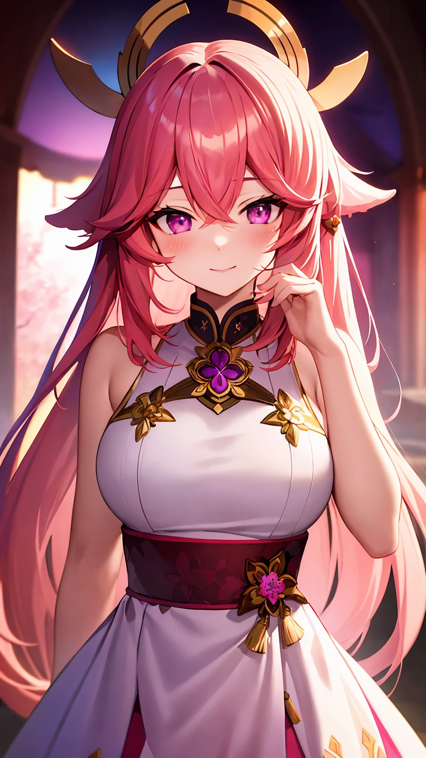  highly detailed ,  HIGH QUALITY,  masterpiece,  beautiful, Alone, 1 girl, ExtraFacesRanni,  upper body, Yae Mico,  pink eyes ,  long hair,  pink hair ,  animal ears,purple eyes