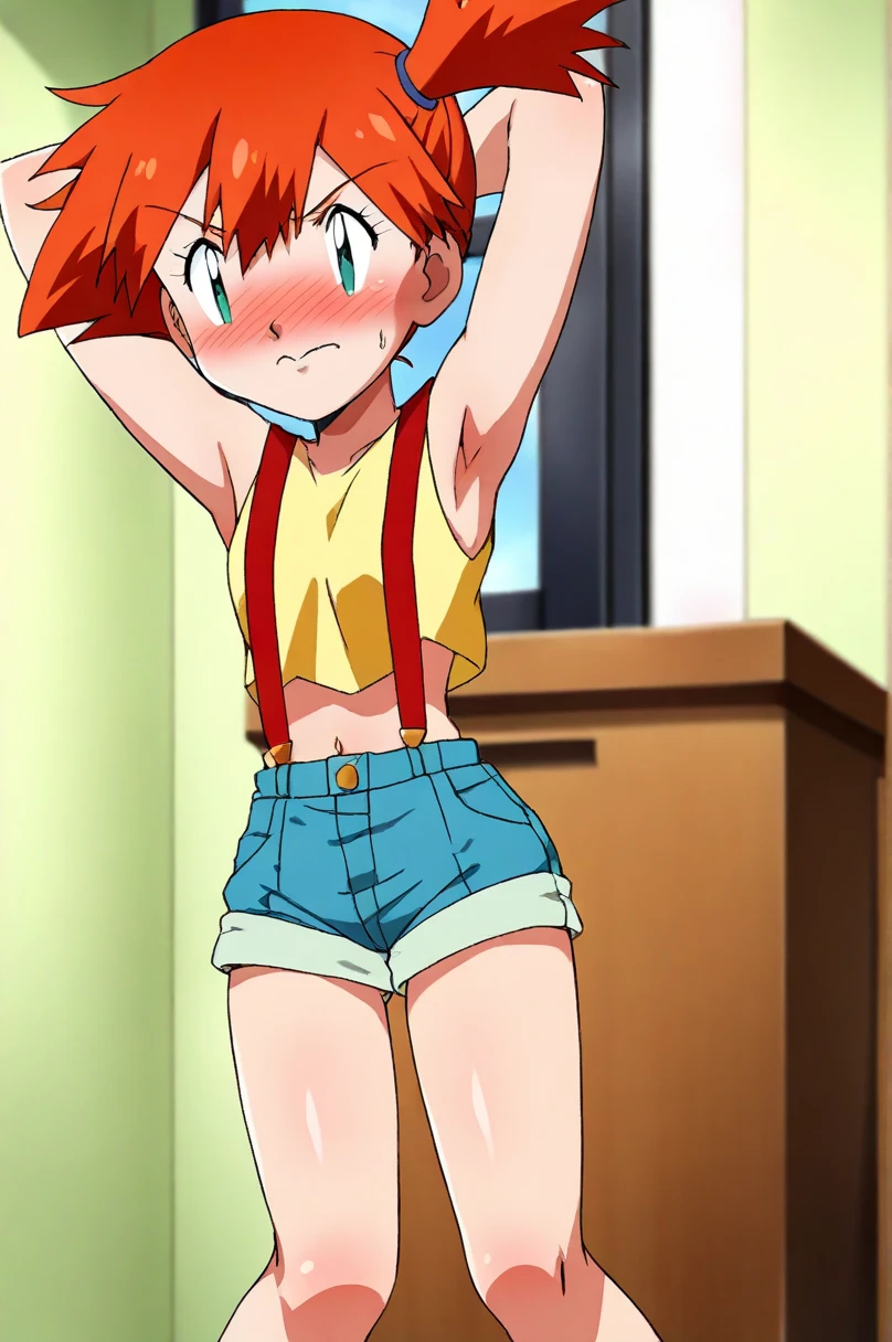 misty, side ponytail, anime screenshot, on knees, ((short height)), 1girl, solo, yellow tank top, suspenders, denim shorts, blush, anger expression, looking at men, arms behind neck, armpit, (a group of men are rubbing their penises into misty's armpits), indoors, ((flat chest))
