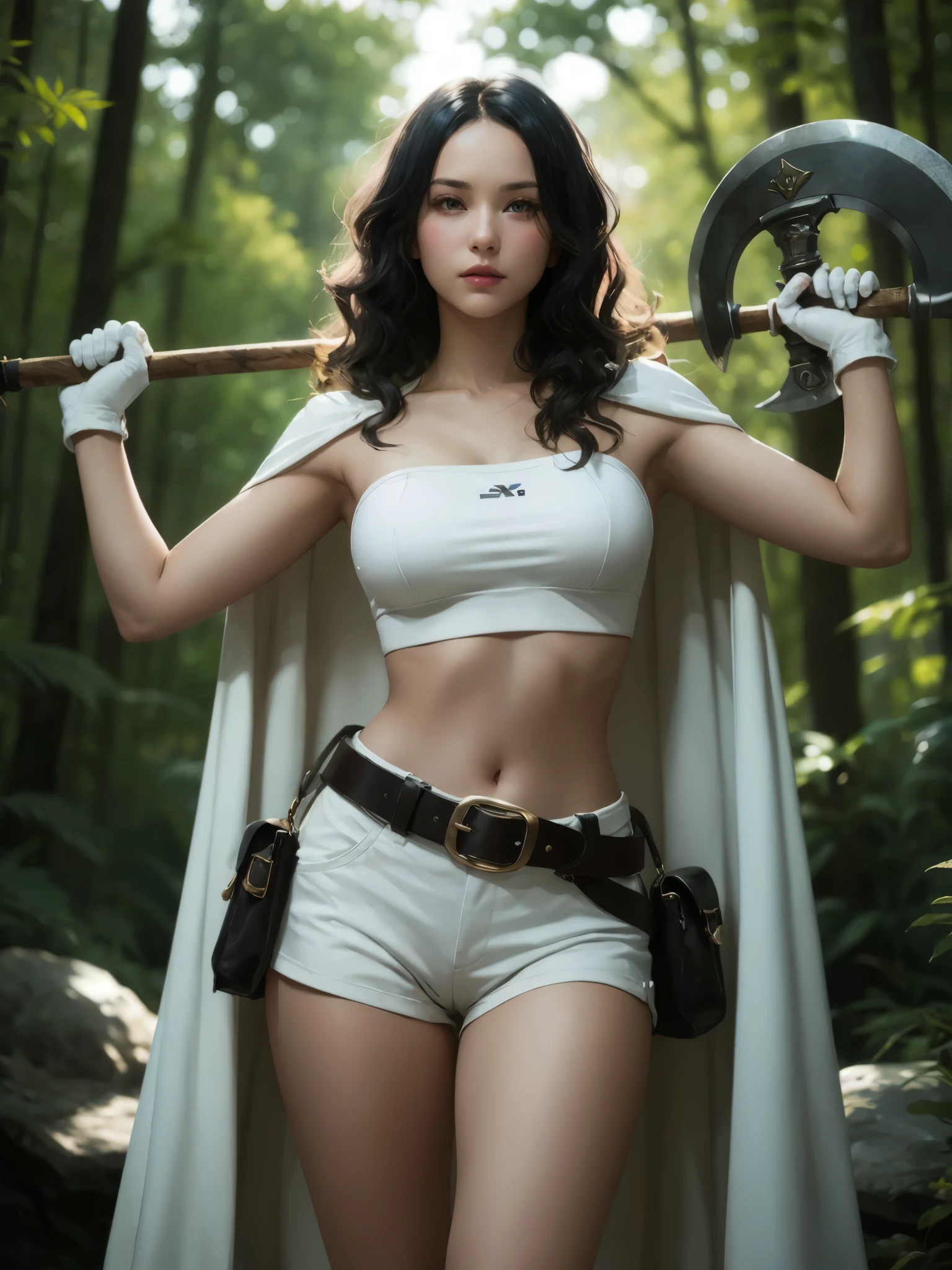 girl, (from below:0.6), holding battle axe on her back, flowing cape, strapless top, short shorts, thighhigh, thigh, breasts, long wavy hair, looking at viewer, gloves, belt, pouch, forest, dullahan, supermodel, masterpiece, beautiful cinematic lighting, best quality, realistic, high contrast, heavy pink, skindentation, sexy, black hair, white sports bra, luxurious rich, flexing, wavy blonde,