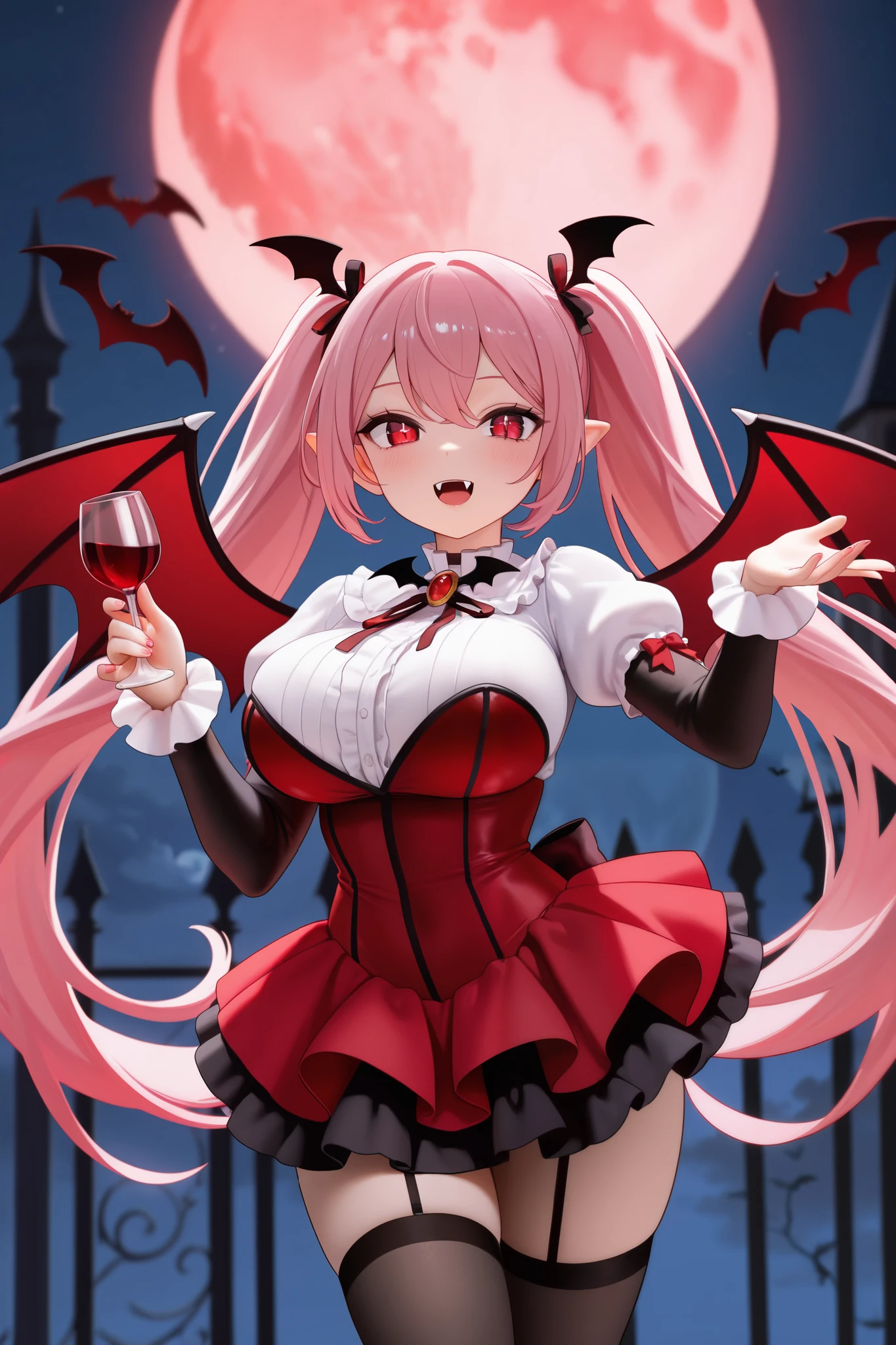 A female vampire ，Long pink hair ， black and red costume，，Second Dimension，On a full moon，There are bats，I have big breasts， has jewel-like eyes，Has beautiful bangs，Red light all around ， holding a red wine glass，petites，Twin ponytails