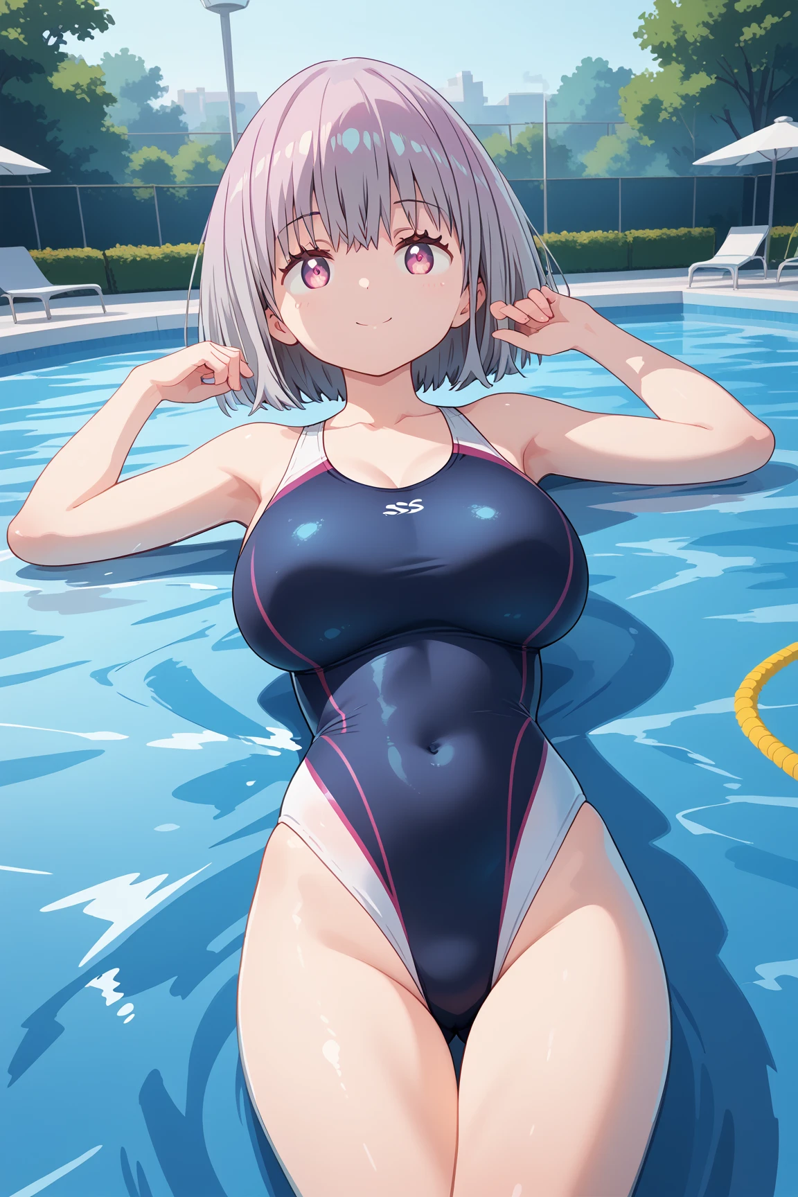 ( top quality ), ( top quality の髪), accurate anatomy, masterpiece, super detailed,  top quality の顔,  top quality の髪, ultra-fine painting, ( finger without bankruptcy),
SSSS GRIDMAN, Shinjo Akane, water park, pool, competition swimsuit, perky breasts,large breasts,(gigantic breasts:0.8),  bewitching smile ,  ashamed,

floating on the water surface, On your back, sleepy,