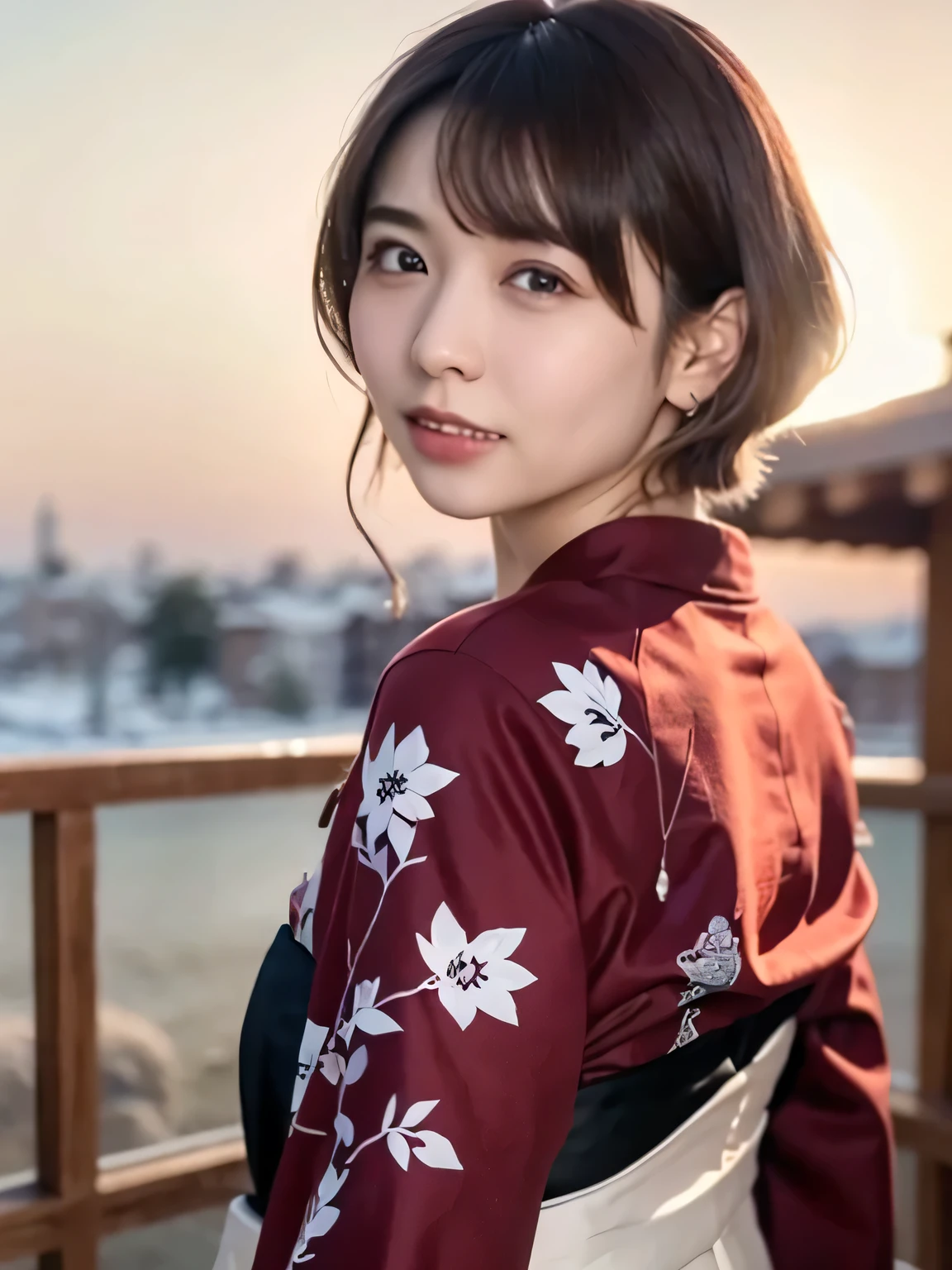 A breathtakingly beautiful 20-year-old woman with a slender physique, dressed in an elegant and luxurious black and red kimono suitable for the Japanese New Year. The background showcases a serene sunrise on New Year's Day, with a traditional Japanese shrine, snow-covered grounds, and vibrant red camellias in full bloom. The scene captures a harmonious blend of traditional beauty and the peaceful atmosphere of a snowy New Year's morning. smiles gently, FRIENDLY. smiles gently, ( RAW photos , top quality ), ( realistic, photo- realistic:1.4), masterpiece, extremely delicate and beautiful, extremely detailed, 2k wallpaper, amazing on the beach, detailed depiction , extremely detailed CG unity 8k wallpaper, Ultra Details, high res, Soft light, beautiful detailed girl looking back, extremely detailed eyes and face, beautiful detailed nose, beautiful detailed eyes, cinematic lighting, Perfect Anatomy, slender body.