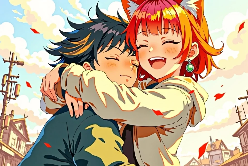 masterpiece, top quality :1.2,(a cute cat-eared girl),(red-brown hair),(she hugs the shy boy, strong hugging),( beautiful hands),(big smile,Cheerful and playful), (girly clothes),a boy(Normal human, embarrassing,black hair,Simple Outfit),focus their face, oblique angle ,Hand-drawn illustration, Intense colors, stylish anime, Dynamic Poses,Very happy atmosphere