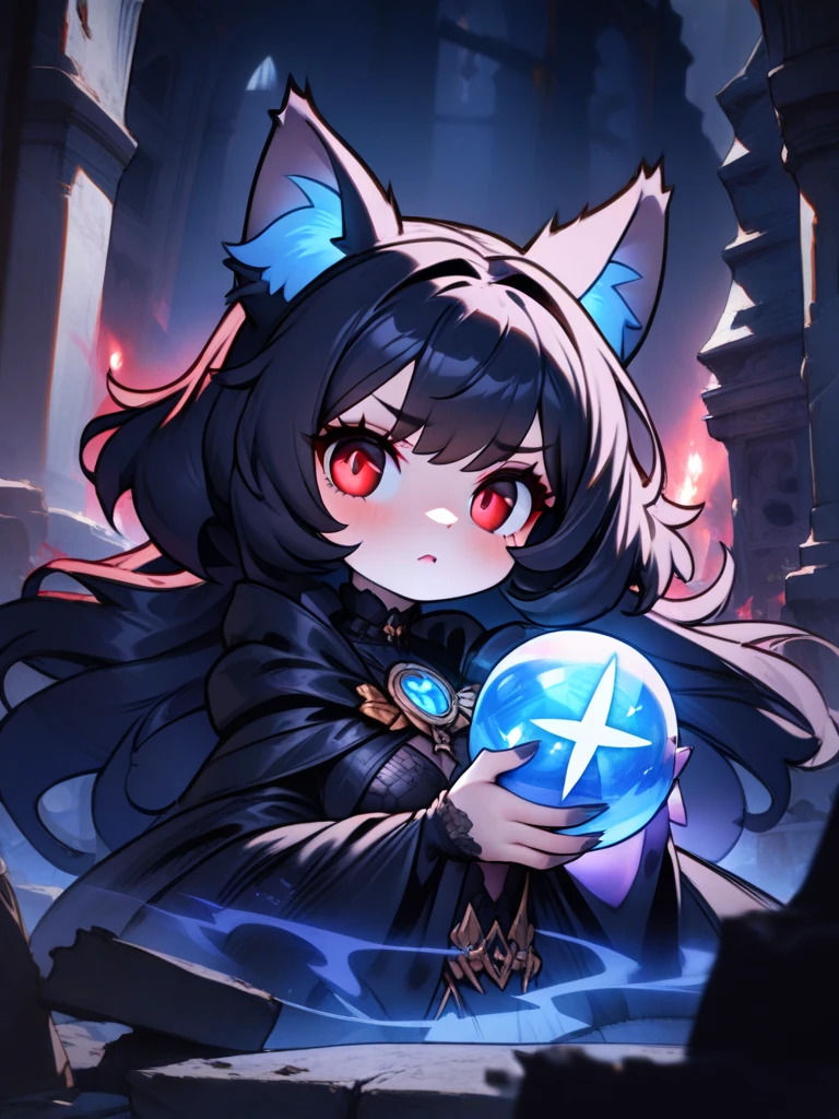 A gothic cat-eared witch with deep red eyes and a black lace gown stands in the ruins of an ancient cathedral. Her cat ears are adorned with glowing runes, and she holds a staff with a crystal orb, radiating dark energy. In the background, cat spirits move through the shadows.