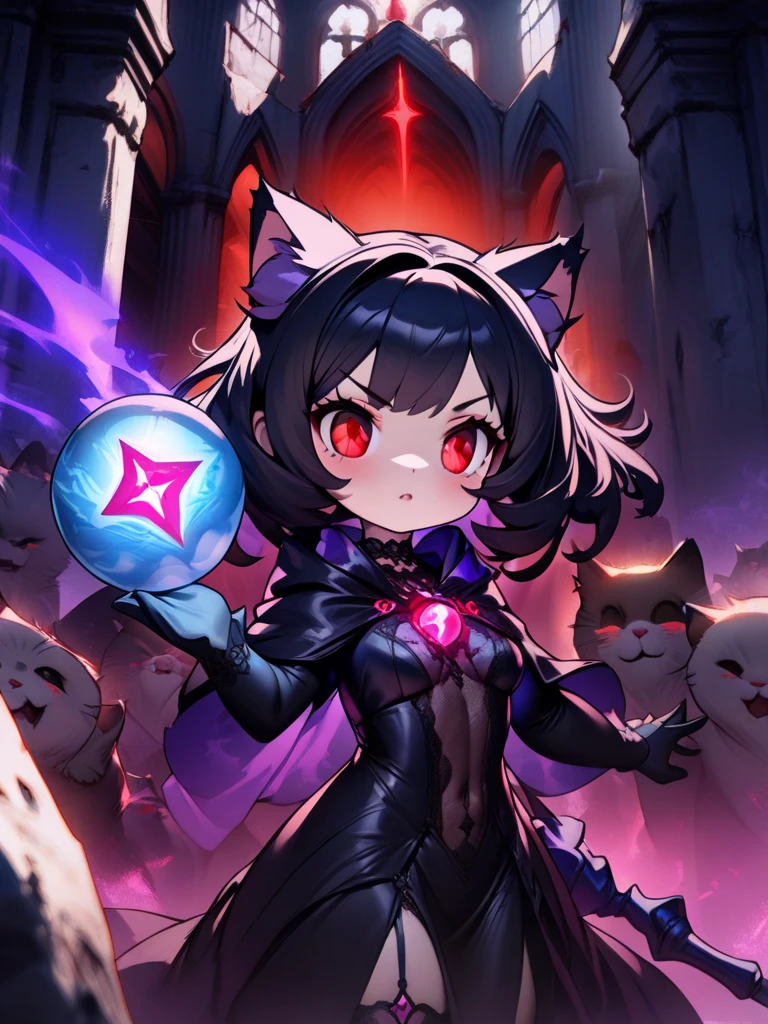 A gothic cat-eared witch with deep red eyes and a black lace gown stands in the ruins of an ancient cathedral. Her cat ears are adorned with glowing runes, and she holds a staff with a crystal orb, radiating dark energy. In the background, cat spirits move through the shadows.