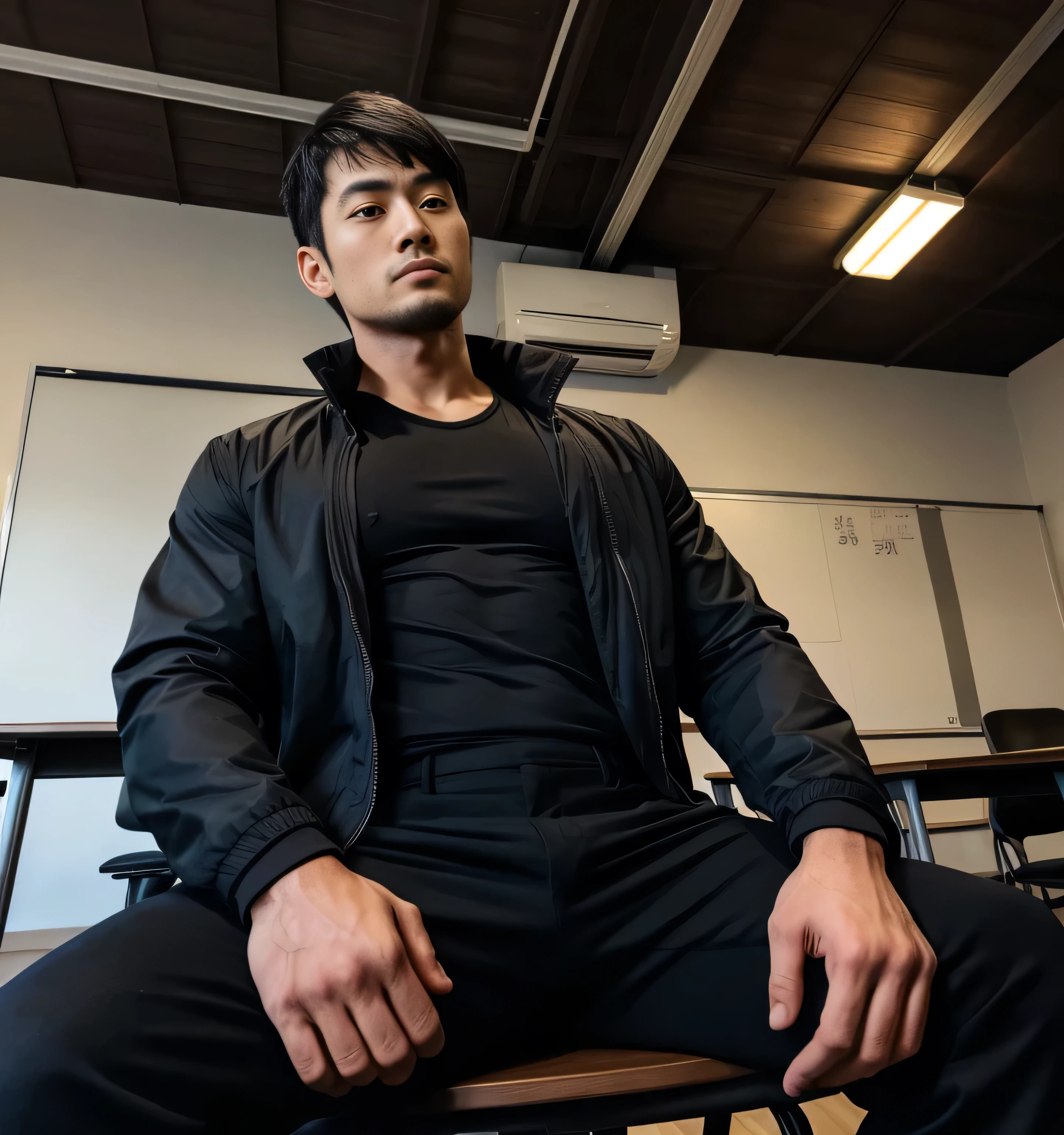 aged 40,Hidetoshi Nakata,(Kogoro Mouri 1.3),Shirtless,Tong,agitated,office room,black long socks,Thin,musculature,lbeard,fortitude,artwork of a,tmasterpiece,k hd