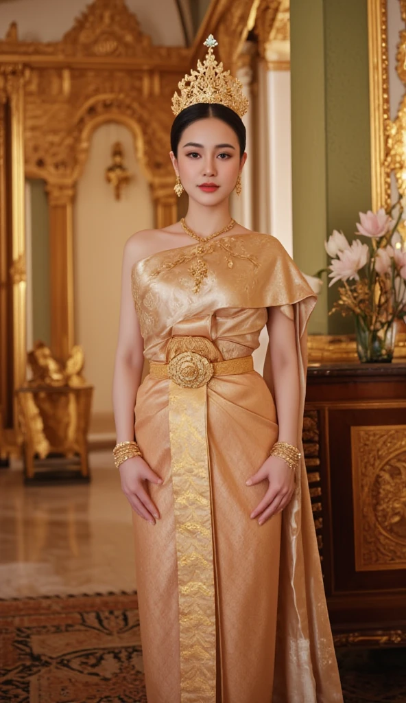 [Subject]: A woman wearing an authentic Thai traditional dress.
[Details]: The dress features a silk top with intricate patterns, paired with a draped shawl and a golden belt adorned with ornate designs. She is accessorized with gold jewelry, including earrings, a brooch, and bracelets, with her makeup highlighting her natural beauty.
[Environment / Background]: A luxurious indoor setting with traditional Thai architecture, featuring ornate golden carvings, decorative wooden panels, and elegant silk curtains. The room has a warm and regal ambiance, with subtle details like a golden pedestal or vase with lotus flowers.
[Lighting]: Soft, warm indoor lighting, with a golden hue highlighting the textures of her attire and jewelry, creating a royal and sophisticated feel.
[Style]: Ultra-realistic, focusing on intricate details and vibrant, rich colors.
[Mood / Atmosphere]: Majestic and timeless, evoking the elegance of Thai heritage.
[Camera Angle]: Close-up shot focusing on her face and upper torso, showcasing the exquisite details of her dress and jewelry. The angle slightly tilts upward to emphasize her graceful and dignified appearance.
[Quality & Resolution]: Ultra-high resolution, 8K quality, ensuring sharpness and realistic textures.
[Other Specifics]: The background should have a balance of richness and subtlety, ensuring the subject remains the focal point while the setting enhances the overall composition.