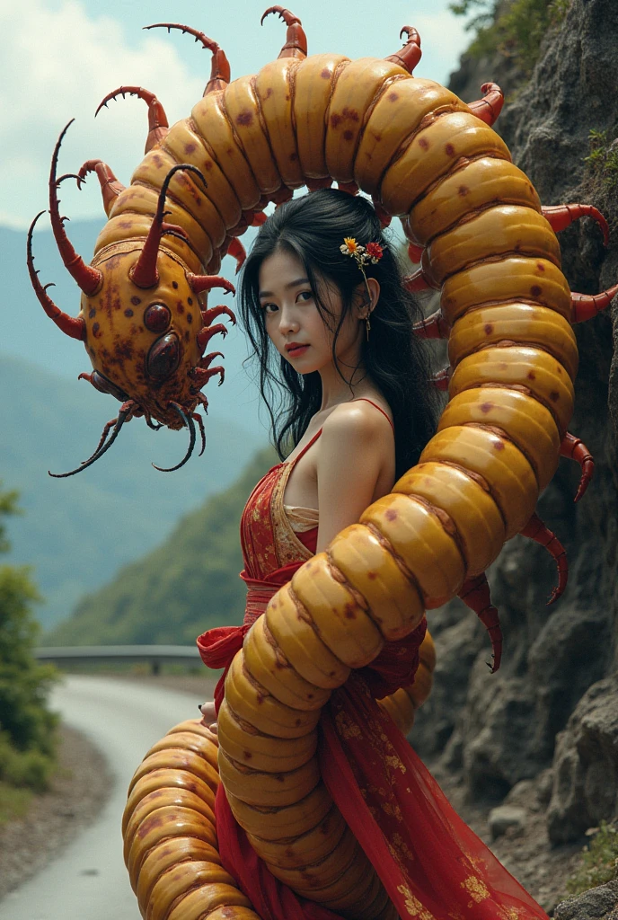 large centipede、One woman has a large centipede wrapped around her body、A centipede is ４ meters and 15 centimeters wide 、 centipede's head extends forward from left shoulder、 have yellow and brown spots on centipedes 、Women wear short kimonos 、18 years old、 beautiful girl、 have black hair fixed with kanzashi 、 in the background is a mountain road 、