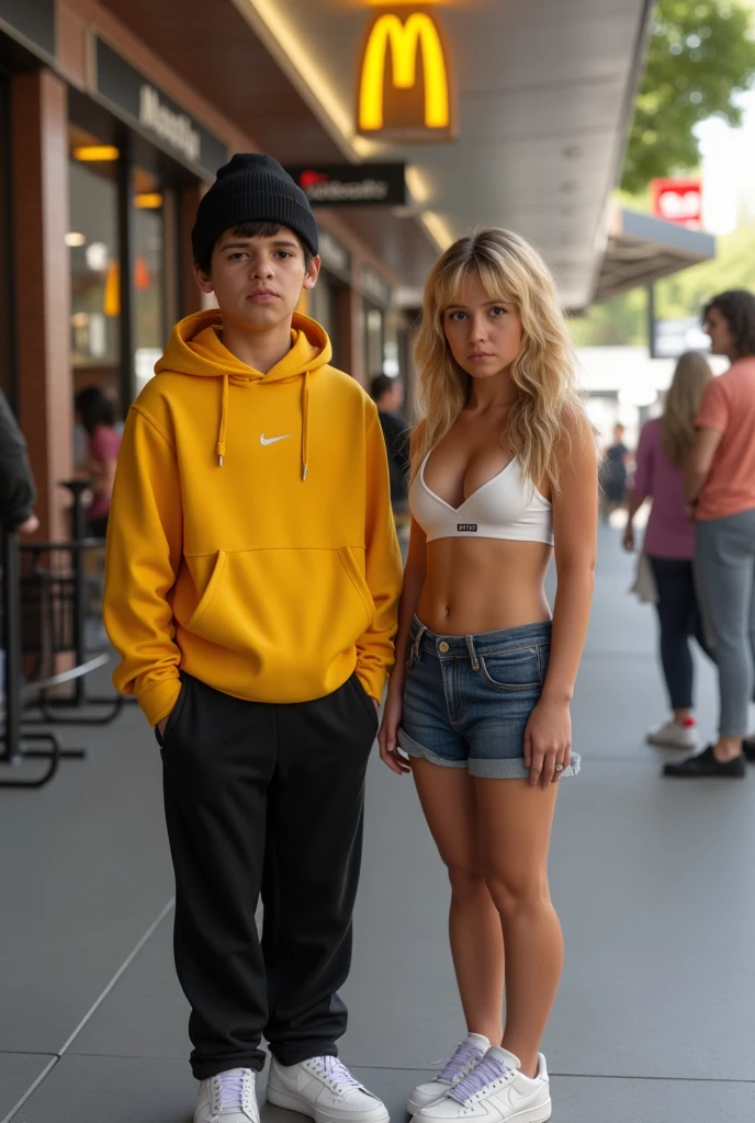 Ultra-realistic, lifelike, 4K image of a Middle Eastern teenage male () with (((olive-toned skin))), (((completely clean-shaven))), (((no facial hair))) with slightly (((shy))) and (((feminine features))), wearing a (((plain yellow hoodie))), (((black Nike Tech Fleece track pants))), a snug (((black toque))), and (((pristine white Nike Air Force 1 sneakers))). His complexion is smooth and youthful, with natural skin textures catching the soft outdoor lighting. His expression is (((neutral))), leaning toward (((serious))), with a (((calm and composed demeanor))) that adds a layer of introspection to his overall appearance. His posture is relaxed, standing slightly to one side, exuding an air of (((quiet confidence))) while maintaining a grounded and approachable vibe.

Beside him stands a teenage girl (((around s of age))), o((Irish descent))), with (((natural blonde hair))) styled in loose waves that fall over her shoulders, glowing softly under the outdoor lighting. Her (((fair complexion))) is lightly freckled, adding authenticity and vibrancy to her appearance. She is wearing a fitted (((crop top))) with a subtle neckline that reveals (((cleavage))), paired with a high-waisted (((denim shorts))) that adds a touch of casual, youthful style. A glint of metal catches the light, drawing attention to her (((belly button ring))), a small, delicate piece of jewelry that complements her confident, edgy aesthetic. On her feet are white sneakers, slightly scuffed for a realistic touch. Her expression is serious yet approachable, with a slight smirk that complements her confident aura. Her relaxed posture and subtle tilt toward the boy emphasize their natural camaraderie.

The setting is outside a busy (((McDonald’s))), with the iconic golden arches visible in the background along with other signage. A few people are scattered nearby, some entering the restaurant and others sitting at outdoor tables. The light