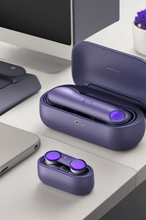 A sleek pair of wireless earbuds, Moroda Uair model, designed with a modern aesthetic in matte black. The earbuds are shown resting inside a compact charging case that features a glowing LED display on the front, displaying battery levels in bright blue digits. The scene is set on a minimalist desk with a futuristic vibe, illuminated by soft neon lights in shades of blue and purple. Nearby, a smartphone and a laptop are placed, suggesting connectivity and multitasking. The background is slightly blurred to emphasize the product, with subtle reflections on the surface to add depth and realism.