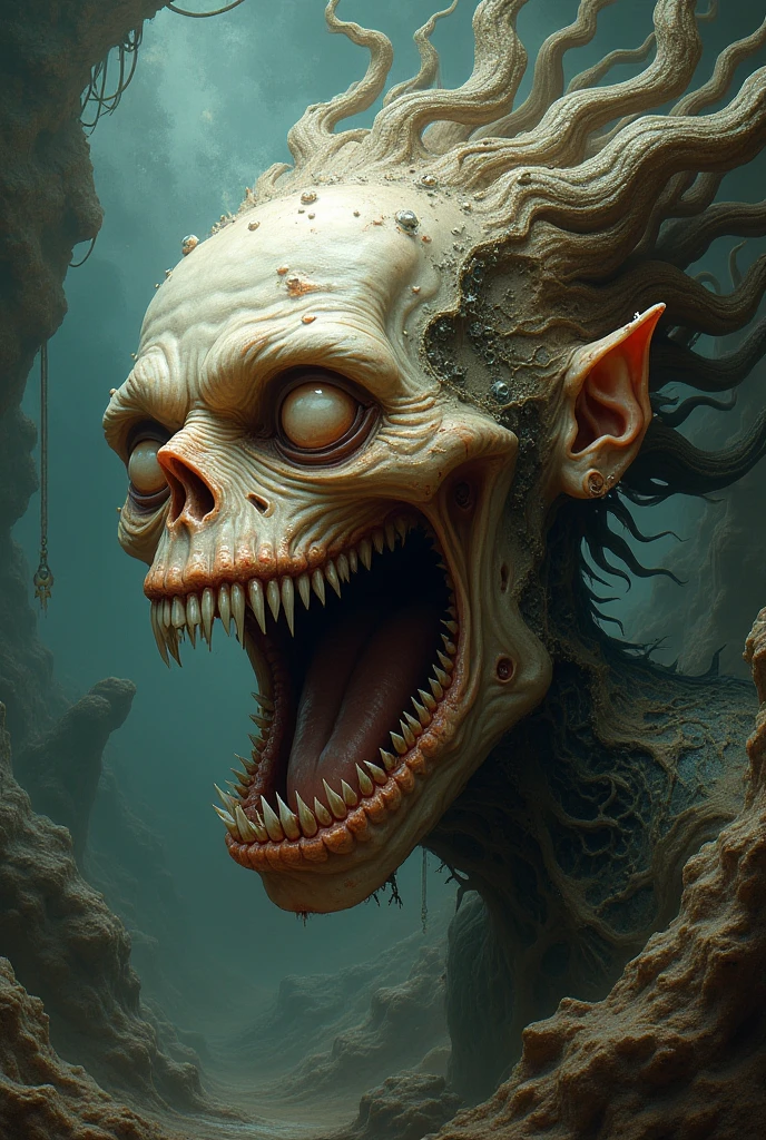 Drawing of a jellyfish with its face in profile , fangs and with his face melted