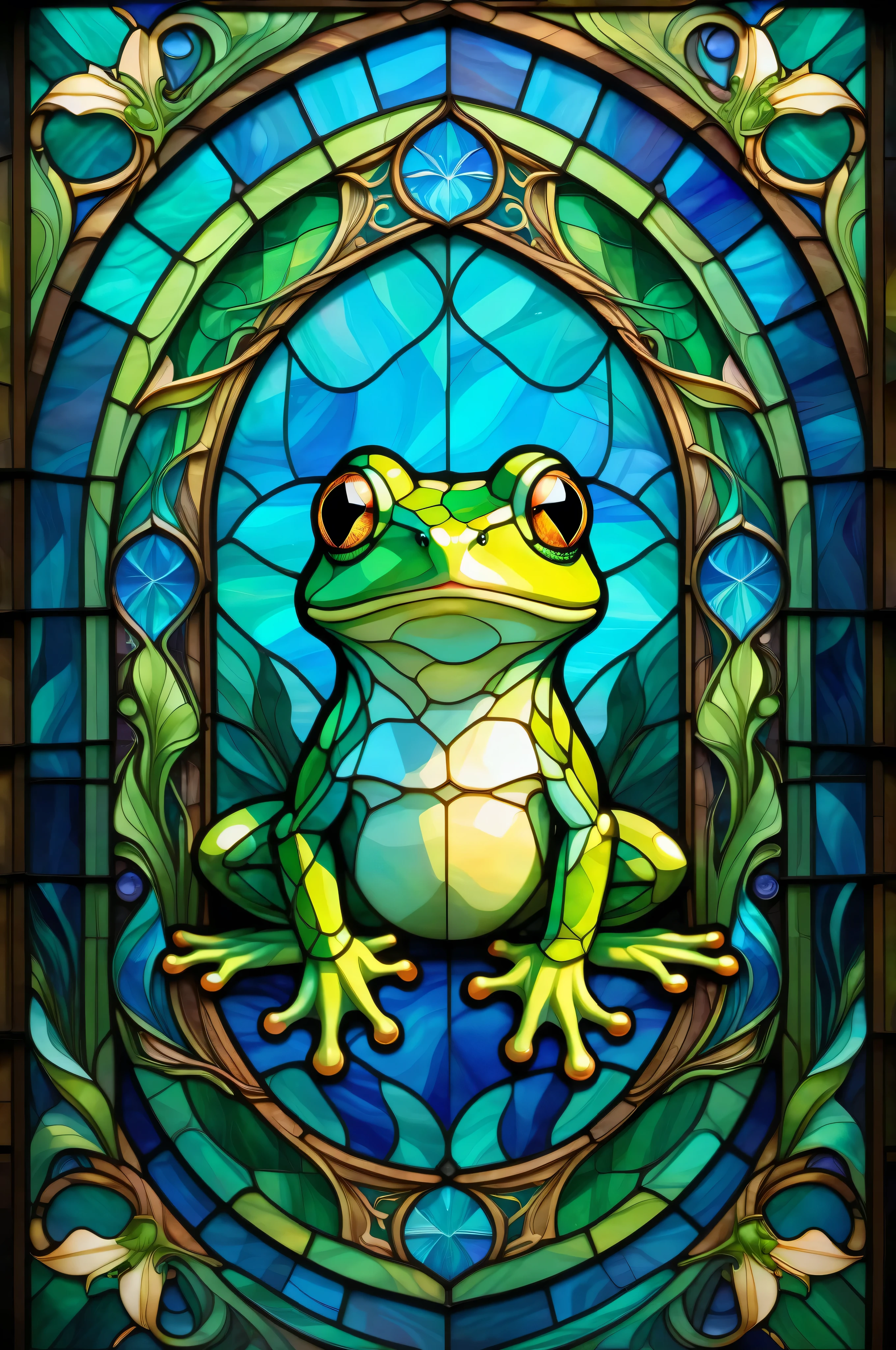  2D stained glass window,  stained glass window frame  . dungeons and dragons art.  symmetrical design ,  Cute Frog . is。.Blue and green、  Pastel Color Scheme、Stained glass style in the center of the Art Nouveau arch　