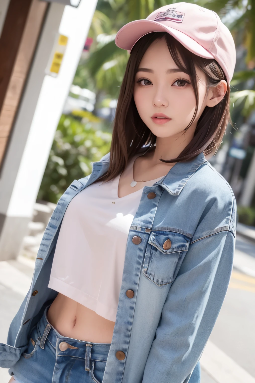 young japanese female model, 20 years old, short height, long brunette hair, bangs hairstyle, blue eyes, 8k resolution, highly detailed, hair ribbon, wearing white bra with short denim jacket and blue skinny jeans, white sneakers, full body shot, light smile, Hyperrealism, cinematic lighting, bokeh, masterpiece, UHD, textured skin, super detail, high details, high quality, award winning, best quality, highres, 16k