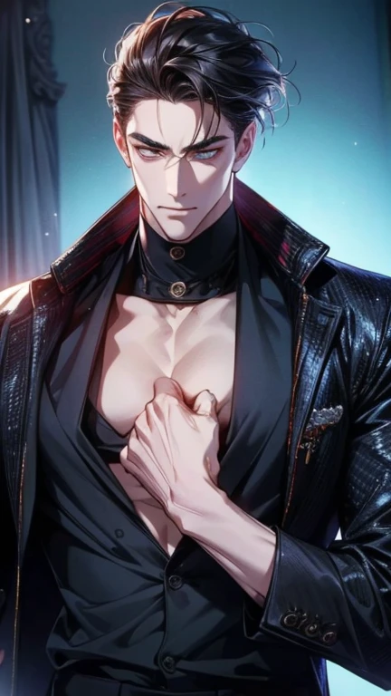(flat color:1.1),(masterpiece:1.2), best quality, masterpiece, original,short black spiky hair, (mature handsome anime man looking at the camera with a smug expression:1.2), wearing prison uniform, convicted felon