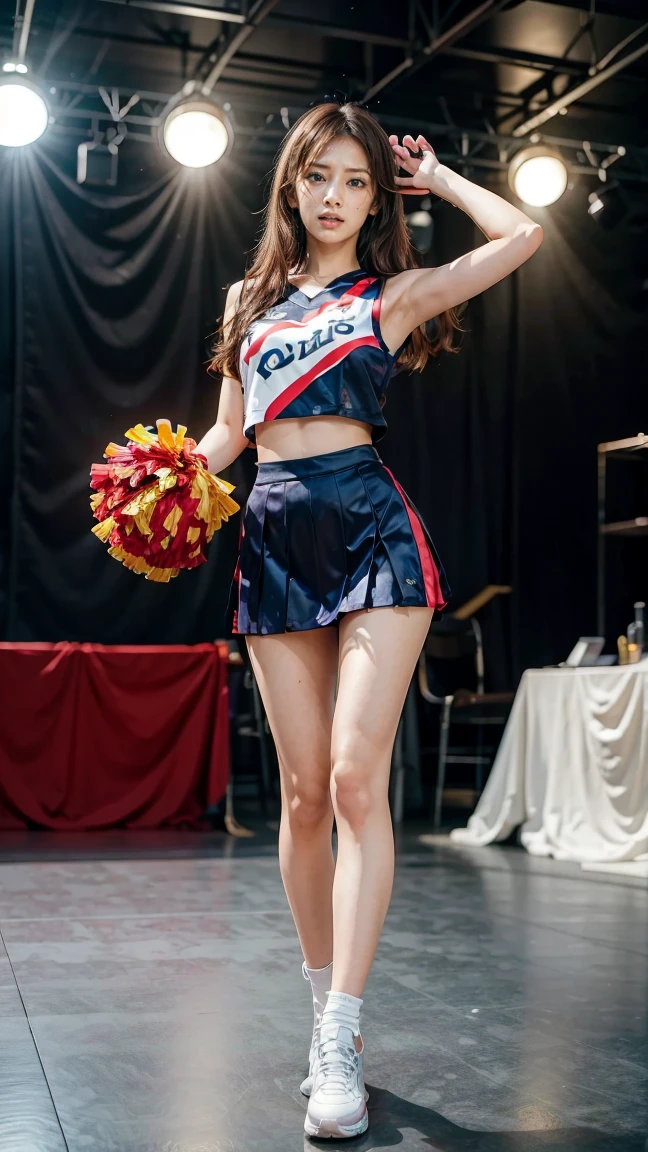 A beautiful young Japanese woman, 20 years old, with perfect anatomy, healthy thighs, beautiful feet, flawless skin, random hair color and style, large bust, (she is standing:1.2), wearing a cheerleader uniform with micro-pleated miniskirt, in a full body shot, standing in a stadium, (best quality,4k,8k, highres, masterpiece:1.3), (extremely detailed:1.2), Keiko Kitagawa