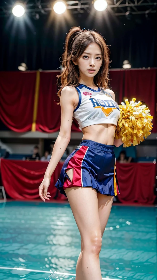 A beautiful young Japanese woman, 20 years old, with perfect anatomy, healthy thighs, beautiful feet, flawless skin, random hair color and style, large bust, (she is standing:1.2), wearing a cheerleader uniform with micro-pleated miniskirt, in a full body shot, standing in a stadium, (best quality,4k,8k, highres, masterpiece:1.3), (extremely detailed:1.2), Keiko Kitagawa