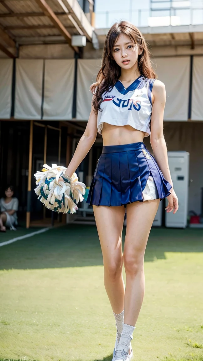 A beautiful young Japanese woman, 20 years old, with perfect anatomy, healthy thighs, beautiful feet, flawless skin, random hair color and style, large bust, (she is standing:1.2), wearing a cheerleader uniform with micro-pleated miniskirt, in a full body shot, standing in a stadium, (best quality,4k,8k, highres, masterpiece:1.3), (extremely detailed:1.2), Keiko Kitagawa