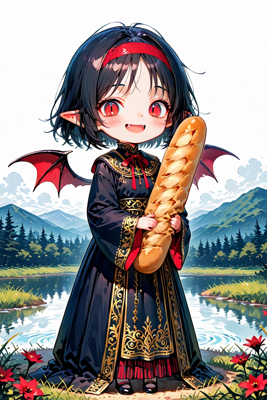 (solo:1.2),1girl\(vicomte,chibi,cute, vampire wings, red eyes,open mouth, sharp vampire fangs, black short hair, elf ears, cute (((red ribbon))) headband, (big evil smile) cute smile,face shining, big eyes, cute expression, black short vampire robe\(with beautiful (gold embroidery)\), hugging (baguette bread) \),cute pose,black short vampire dress,full body\), background\(many lotas flower at lake, (beautiful landscape of Vietnam:1.3)\)