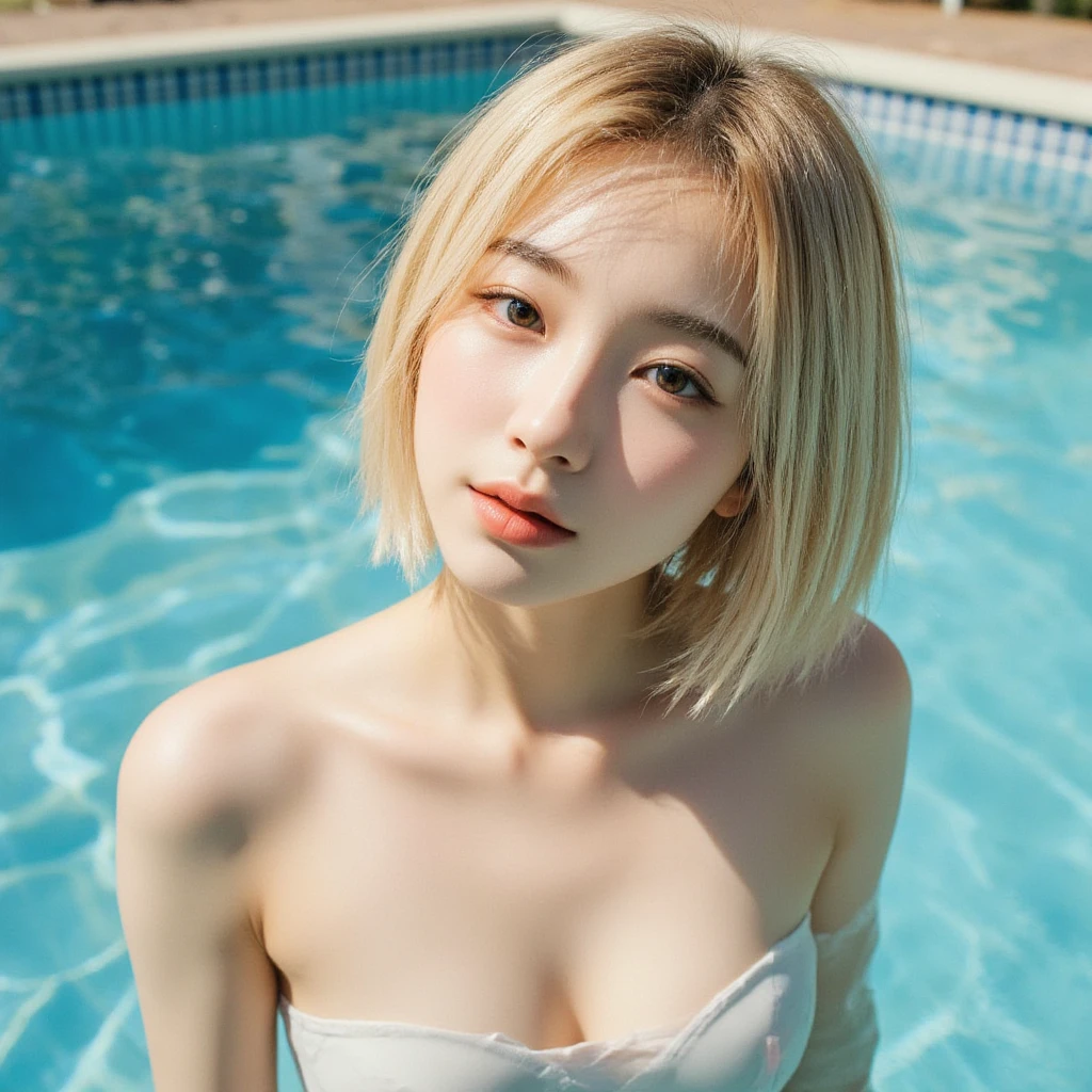 Japan Beauties,Hairstyle is blonde bob,The face is small and round,High nose and double eyes,Commemorative photo at the night pool in Tokyo,She wears a swimsuit with a large chest and a light outerwear.