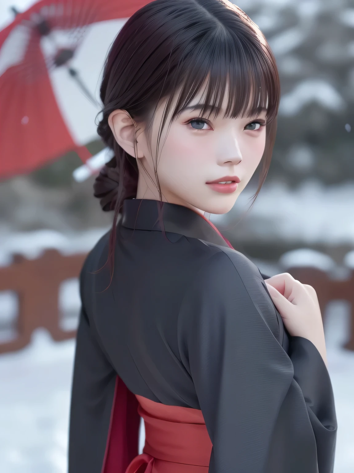 A breathtakingly beautiful 20-year-old woman with a slender physique, dressed in an elegant and luxurious black and red kimono suitable for the Japanese New Year. The background showcases a serene sunrise on New Year's Day, with a traditional Japanese shrine, snow-covered grounds, and vibrant red camellias in full bloom. The scene captures a harmonious blend of traditional beauty and the peaceful atmosphere of a snowy New Year's morning. smiles gently, FRIENDLY. smiles gently, ( RAW photos , top quality ), ( realistic, photo- realistic:1.4), masterpiece, extremely delicate and beautiful, extremely detailed, 2k wallpaper, amazing on the beach, detailed depiction , extremely detailed CG unity 8k wallpaper, Ultra Details, high res, Soft light, beautiful detailed girl looking back, extremely detailed eyes and face, beautiful detailed nose, beautiful detailed eyes, cinematic lighting, Perfect Anatomy, slender body.