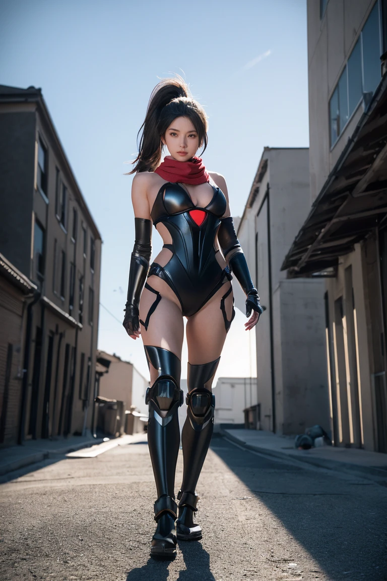 ((masterpiece:1.4)、(top-quality:1.4)、(reallistic:1.7))、Space Warrior、Beauty Warrior、Sexy Daughter、1girl in、latex shiny、Latex bodysuit、By Luis Royo、age19、Super Ultra Ultra Bikini、Looking Back Beauty、Outstanding style、Slender Abs、beauty legs、Beautiful ass、A detailed eye、beautidful eyes、Raw photo、red-lips、Red boots、a choker、a necklace、耳Nipple Ring、Combat in the ruins of an ancient city of the planet