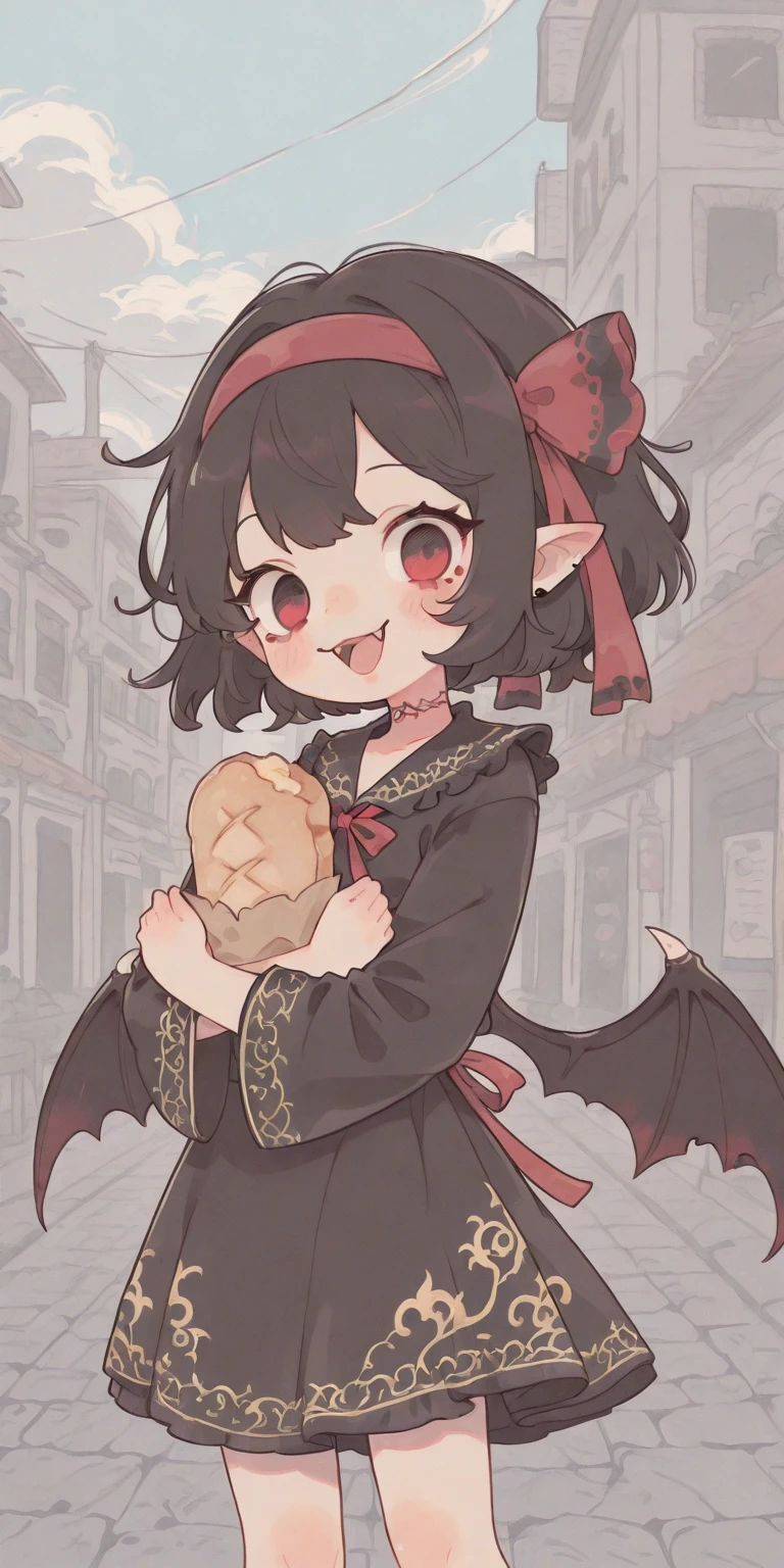 solo,1girl\(vicomte,chibi,cute, vampire wings, red eyes,open mouth, sharp vampire fangs, black short hair, elf ears, cute (((red ribbon))) headband, (big evil smile) cute smile,face shining, big eyes, cute expression, black short robe\(with beautiful (gold embroidery)\), hugging (1bread:1.3) \),cute pose,black short dress\). beautiful cityscape of (Vietnam), many lotas