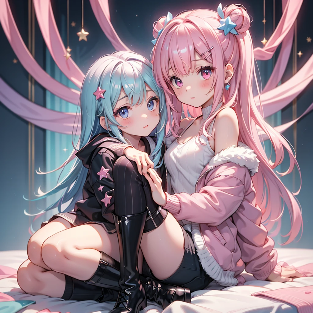  Highest Masterpieces,  top quality ,  Ultra Details, Beautiful shading,  cinematic lighting, starの妖精、Personal、 studio lighting,  cute, Cute,  cute pastel colors, on ears in pastel pink, Pastel Blue Iridescent Hair , hair with highlights,  cute顔,  adorable,  mature woman, Decora, Many accessories, hairclip,  Ornaments ,  hair accessory, star, heart, Sparkling, clip, Twiser, bell, black pinstripe jacket 、 black pinstripe shorts、 red sleeveless knit 、 sheepskin boots、