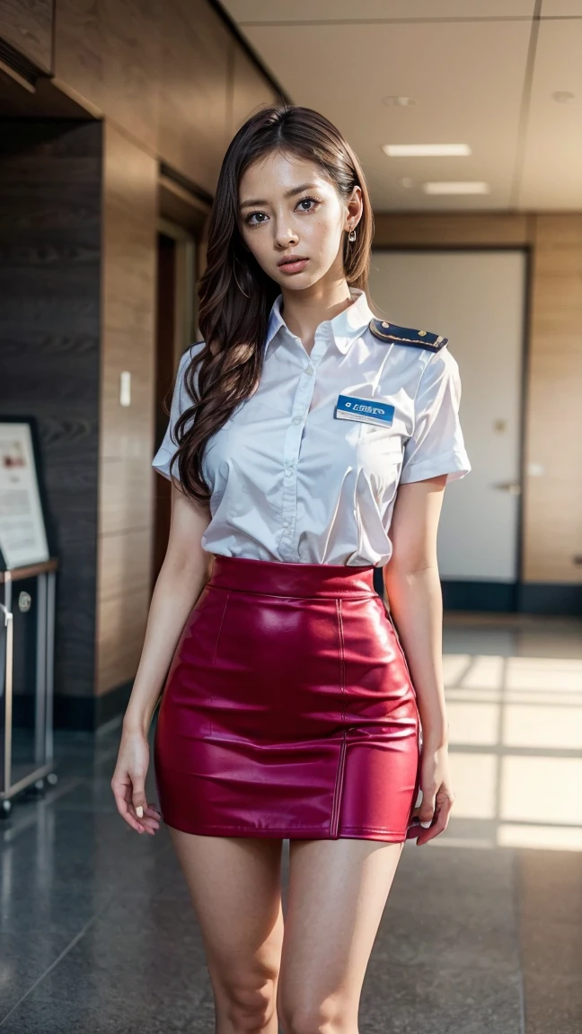 A beautiful, 24-year-old Japanese woman with perfect anatomy, healthy thighs, beautiful legs, beautiful skin, random hair color and style, large breasts, (wearing a flight attendant uniform with a mini-skirt:1.3), (she is standing:1.2), full body shot, pumps, carrying a suitcase, at the airport, (best quality,4k,8k,highres,masterpiece:1.3),(extremely detailed:1.2),realistic,photorealistic,photo-realistic:1.37,professional,vivid colors, studio lighting, Keiko Kitagawa