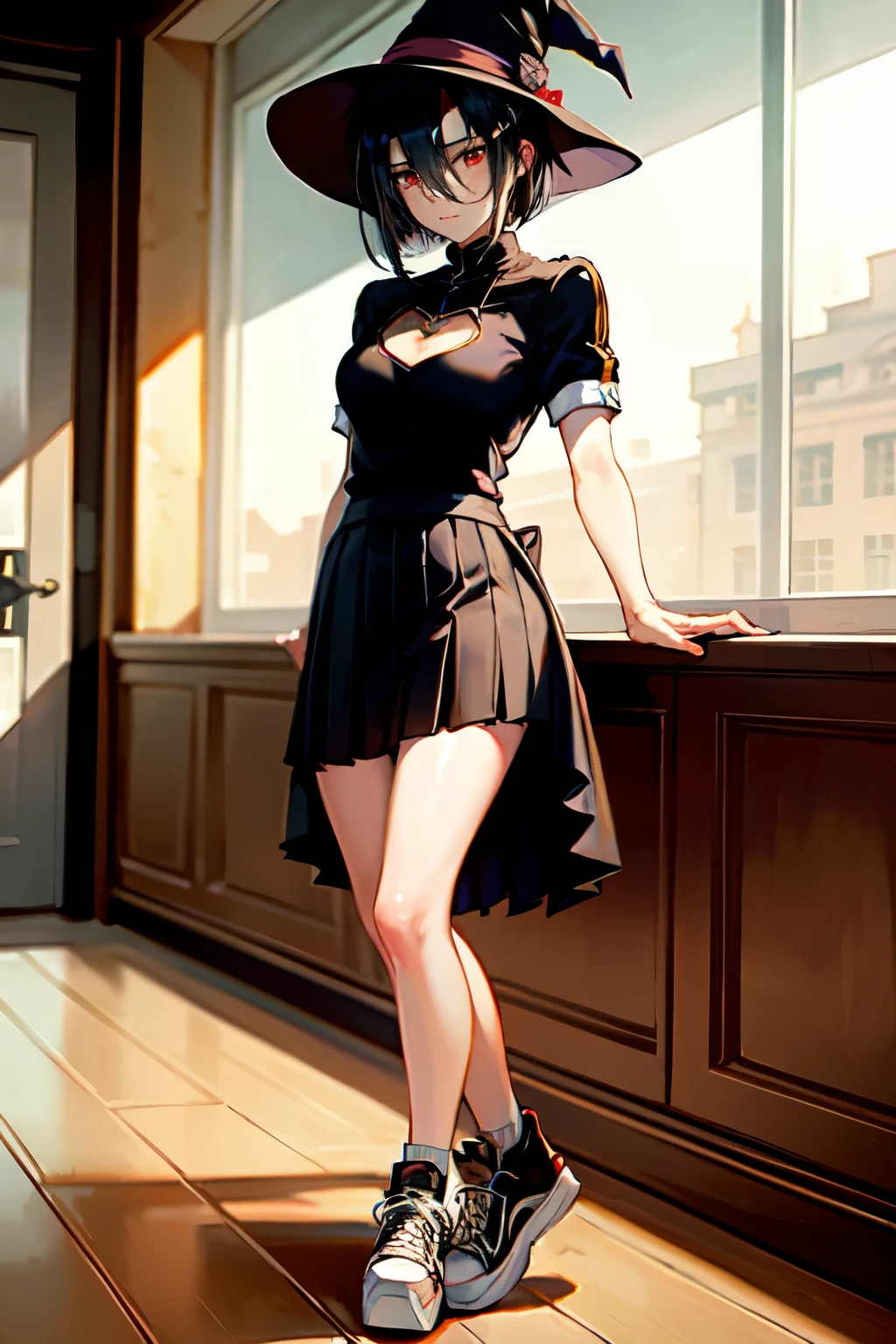 masterpiece, best quality, 1girl, solo, EPfeNil, short hair, black hair, red eyes, hair between eyes, clothing cutout, pleated skirt, witch hat, platform sneakers, indoors, changing room
