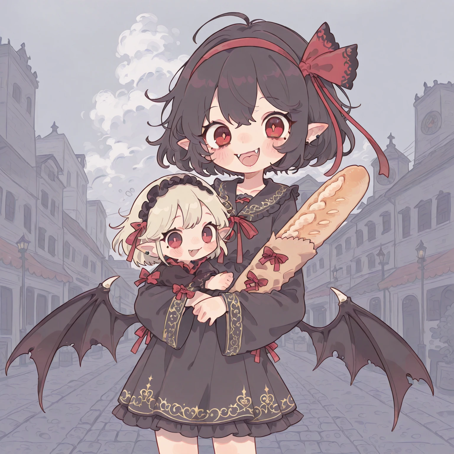 (solo:1.2),1girl\(vicomte,chibi,cute, vampire wings, red eyes,open mouth, sharp vampire fangs, black short hair, elf ear, cute (((red ribbon))) headband, (big evil smile) cute smile,face shining, big eyes, cute expression, black short robe\(with beautiful (gold embroidery)\), hugging (baguette bread) \),cute pose,black short dress\). beautiful cityscape of (Vietnam), many lotas