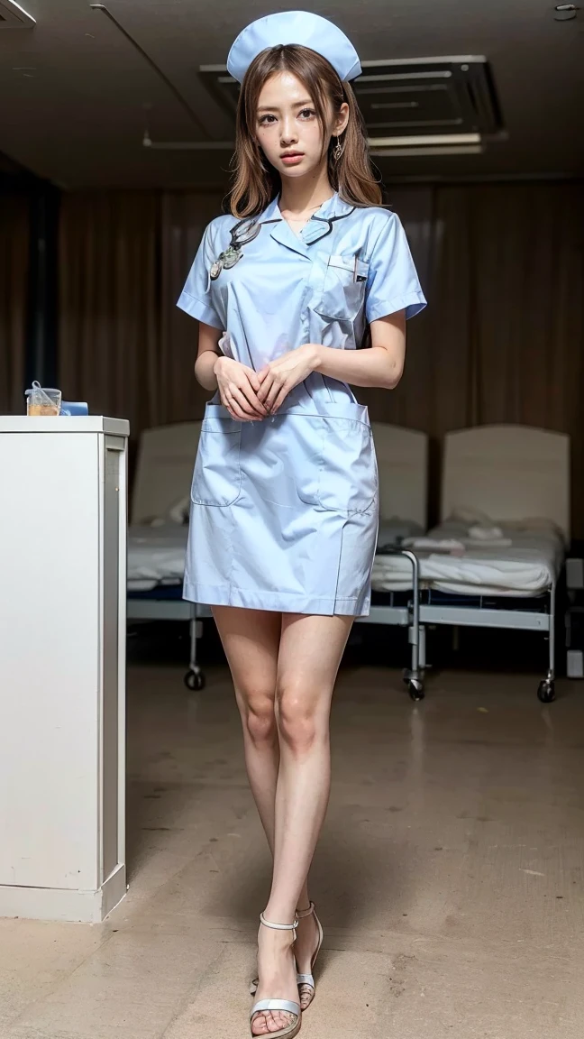 a beautiful young 24-year-old Japanese woman, beautiful, detailed anatomy, beautiful skin, random hair color and hairstyle, big breasts, nurse hat, (nurse uniform:1.3), nurse cap, (she is standing:1.2), full body shot, high heels, hospital, (best quality,8k, masterpiece:1.3), (extremely detailed:1.2), Keiko Kitagawa