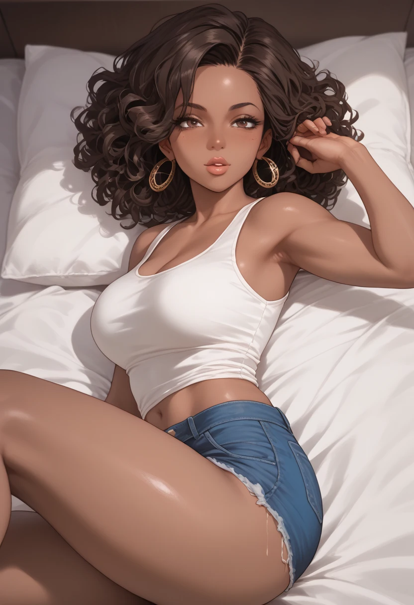 Almond-eyed Dark Mocha-skin tonned African-American woman with Short dark curly hair, juicy lips, a large chest, thick thighs, Perfect hands. She is wearing a white tank top and jean shorts. She has Her Breast pushed  up against the  Darkskin man's Chest while he is laying on her pink bed. Side view