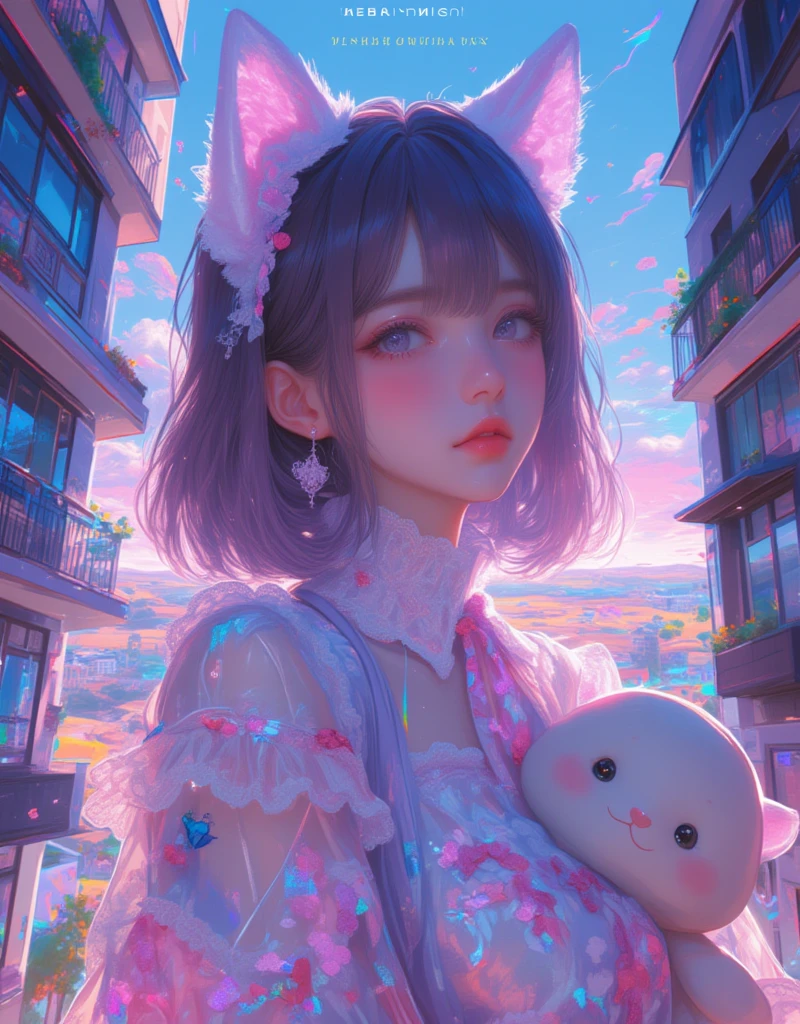 A cat-eared girl between two buildings, Holding a stuffed toy, Neko Mimi Mode, straight dark purple long hair, Horizontal fringe hair, detailed white lolita outfit , cat ears with light pink inside, Hazuki from Tsukuyomi - MOON PHASE -. By Bernie D’Andrea, street art , colorful landscape, details and vibrant colors, colorful illustration, cat-eared girl photo, beautiful illustration, leading to a beautiful view. glitch