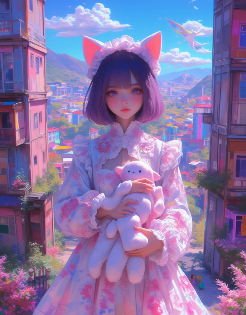 A cat-eared girl between two buildings, Holding a stuffed toy, Neko Mimi Mode, straight dark purple long hair, Horizontal fringe hair, detailed white lolita outfit , cat ears with light pink inside, Hazuki from Tsukuyomi - MOON PHASE -. By Bernie D’Andrea, street art , colorful landscape, details and vibrant colors, colorful illustration, cat-eared girl photo, beautiful illustration, leading to a beautiful view. glitch