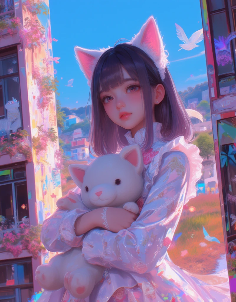 A cat-eared girl between two buildings, Holding a stuffed toy, Neko Mimi Mode, straight dark purple long hair, Horizontal fringe hair, detailed white lolita outfit , cat ears with light pink inside, Hazuki from Tsukuyomi - MOON PHASE -. By Bernie D’Andrea, street art , colorful landscape, details and vibrant colors, colorful illustration, cat-eared girl photo, beautiful illustration, leading to a beautiful view. glitch