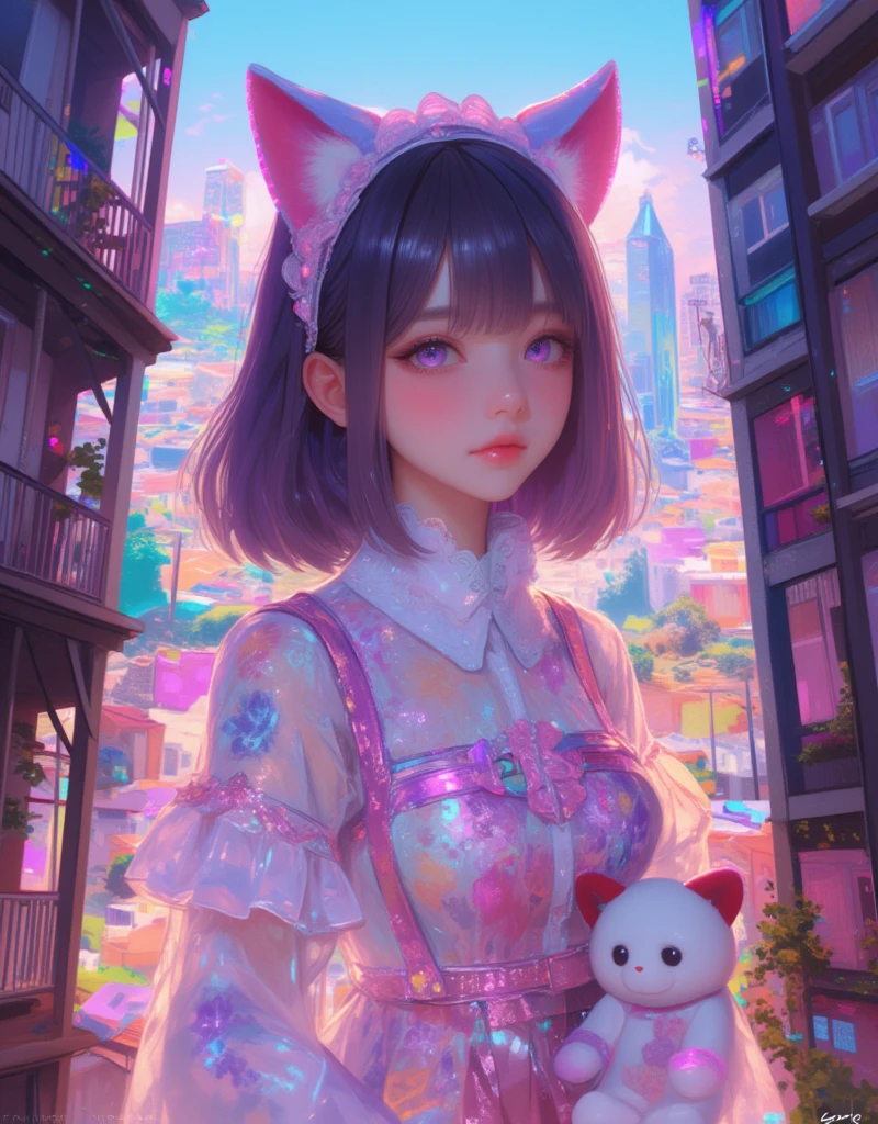 A cat-eared girl between two buildings, Holding a stuffed toy, Neko Mimi Mode, straight dark purple long hair, Horizontal fringe hair, detailed white lolita outfit , cat ears with light pink inside, Hazuki from Tsukuyomi - MOON PHASE -. By Bernie D’Andrea, street art , colorful landscape, details and vibrant colors, colorful illustration, cat-eared girl photo, beautiful illustration, leading to a beautiful view. glitch