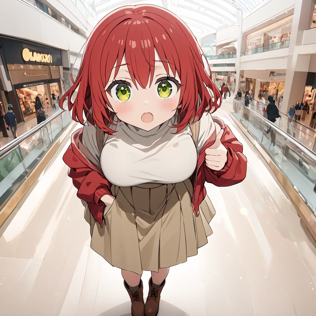 Image quality (8k, highest quality, masterpiece, video), solo, girl (Ikuyo a, Bocchizarokku, cute, red hair, medium hair, green eyes, big eyes, cloth texture,fullbody,portrait), winter clothes, white down, long skirt, brown short boots Tsu, (pointing at something in front of his chest) Looking towards me, Curiosity, Sparkle in his eyes, (fullbody), Big breasts, High school student, Background (You can see the shopping mall of the future), Long shot, wide shot, charm angle,